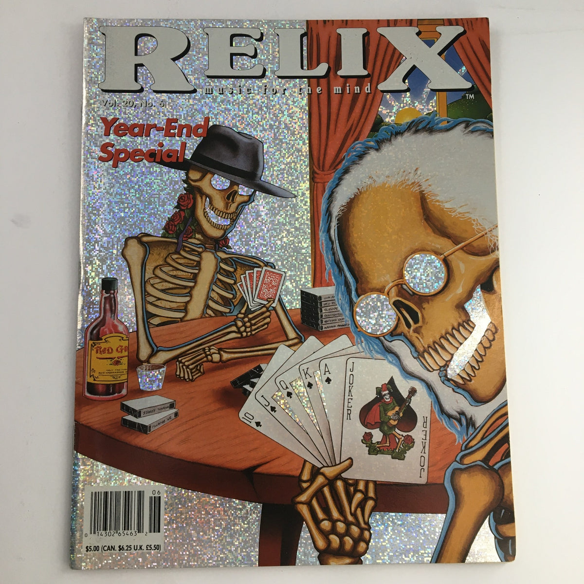 Relix Magazine December 1993 Vol 20 #6 cover featuring vibrant artwork of skeletons playing cards, symbolizing the rock and jam band culture of the 1990s.