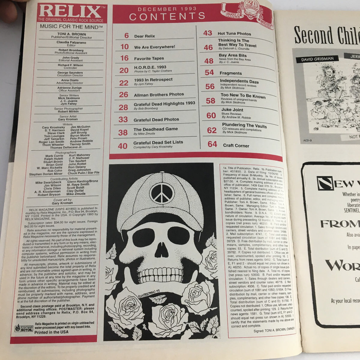 Contents page of Relix Magazine December 1993 Vol 20 #6, listing articles and features about The Grateful Dead and Allman Brothers, reflecting the magazine's focus on classic rock.