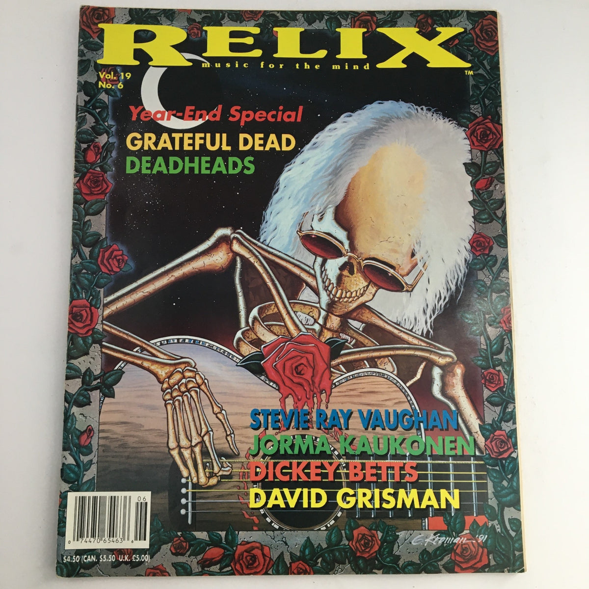 Cover of Relix Magazine December 1992 Vol 19 #6 featuring Grateful Dead and Stevie Ray Vaughan, with a skeleton playing guitar surrounded by roses, showcasing a colorful design.