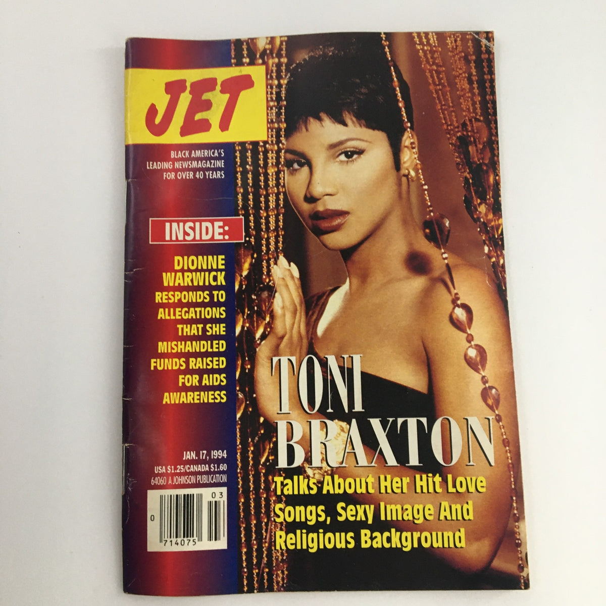 Cover of Jet Magazine from January 17, 1994 featuring Toni Braxton discussing her hit love songs, sexy image, and religious background. This vintage magazine highlights pop culture from the 90s.