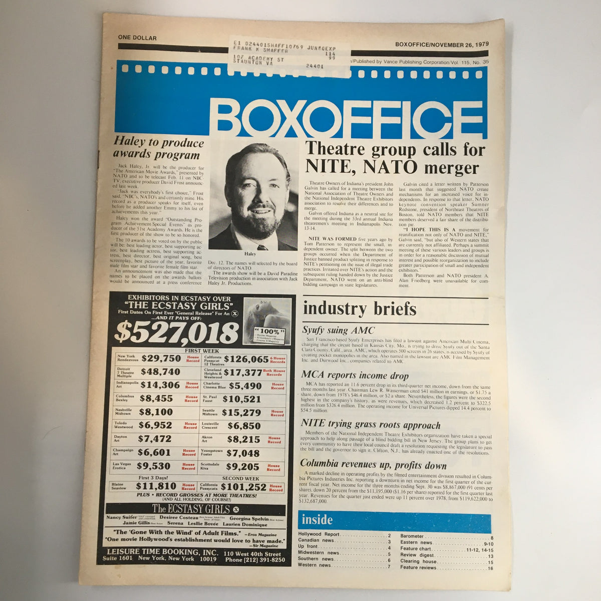 Front cover of Box Office Magazine, November 26, 1979, featuring Jack Haley Jr. Produce Awards Program, showcasing a headline about awards in film, industry briefs, and advertising for 'The Ecstasy Girls'.