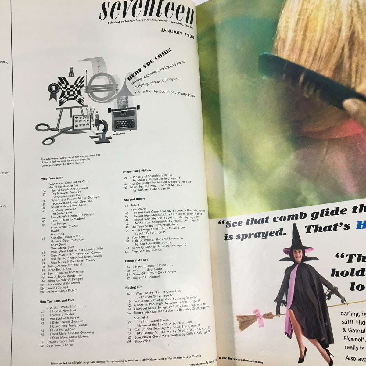 Inside page of VTG Seventeen Magazine January 1966 showcasing the table of contents with sections on fashion, beauty tips, and more from the 1960s.