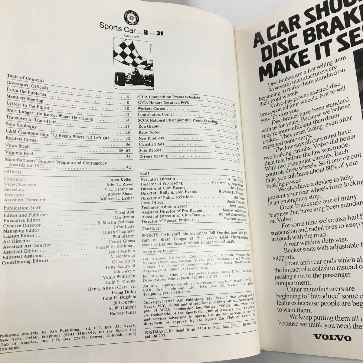 Interior page of VTG Sports Car Magazine August 1973 displaying the table of contents, featuring articles about Brett Lunger and various racing events, underscoring the magazine's focus on auto racing history.