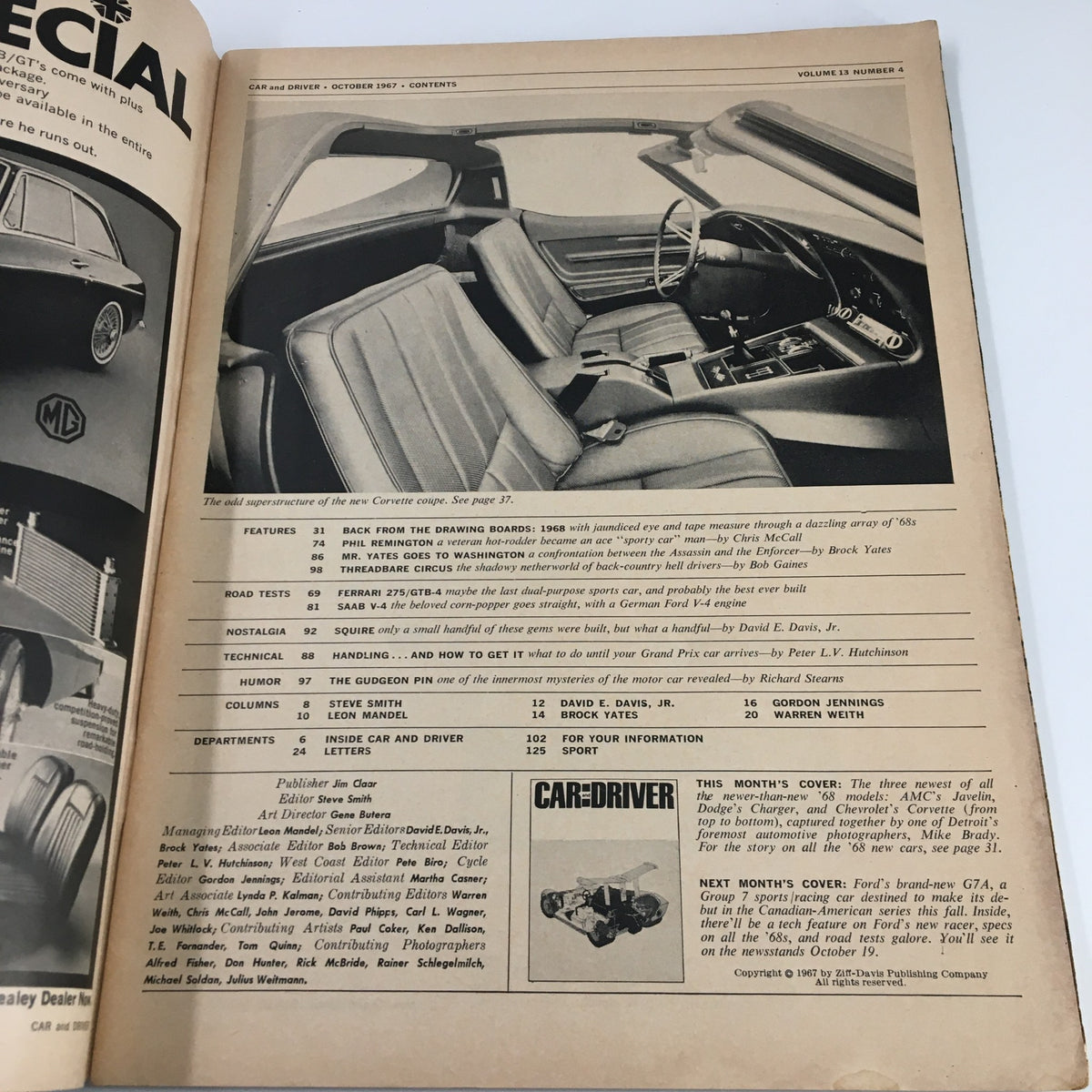 Car and Driver Magazine October 1967 issue showcasing the interior layout of the new Corvette with features and contents listed, reflecting vintage automotive design.