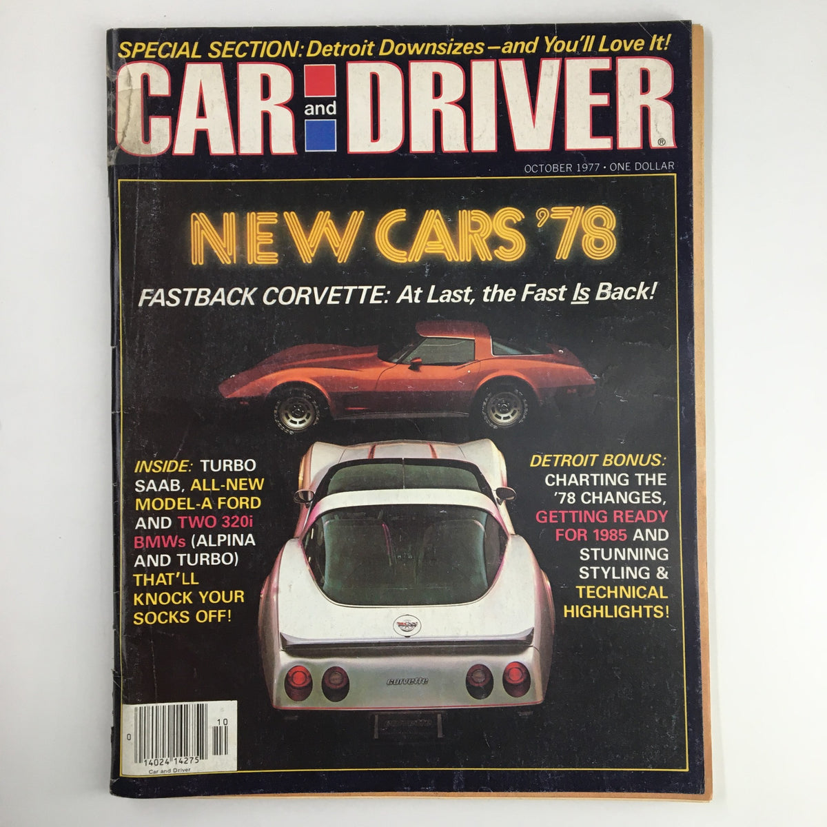 Car and Driver Magazine cover from October 1977 featuring the Fastback Corvette and the headline 'New Cars ’78'. Highlights the automotive innovations and features of upcoming 1978 models.