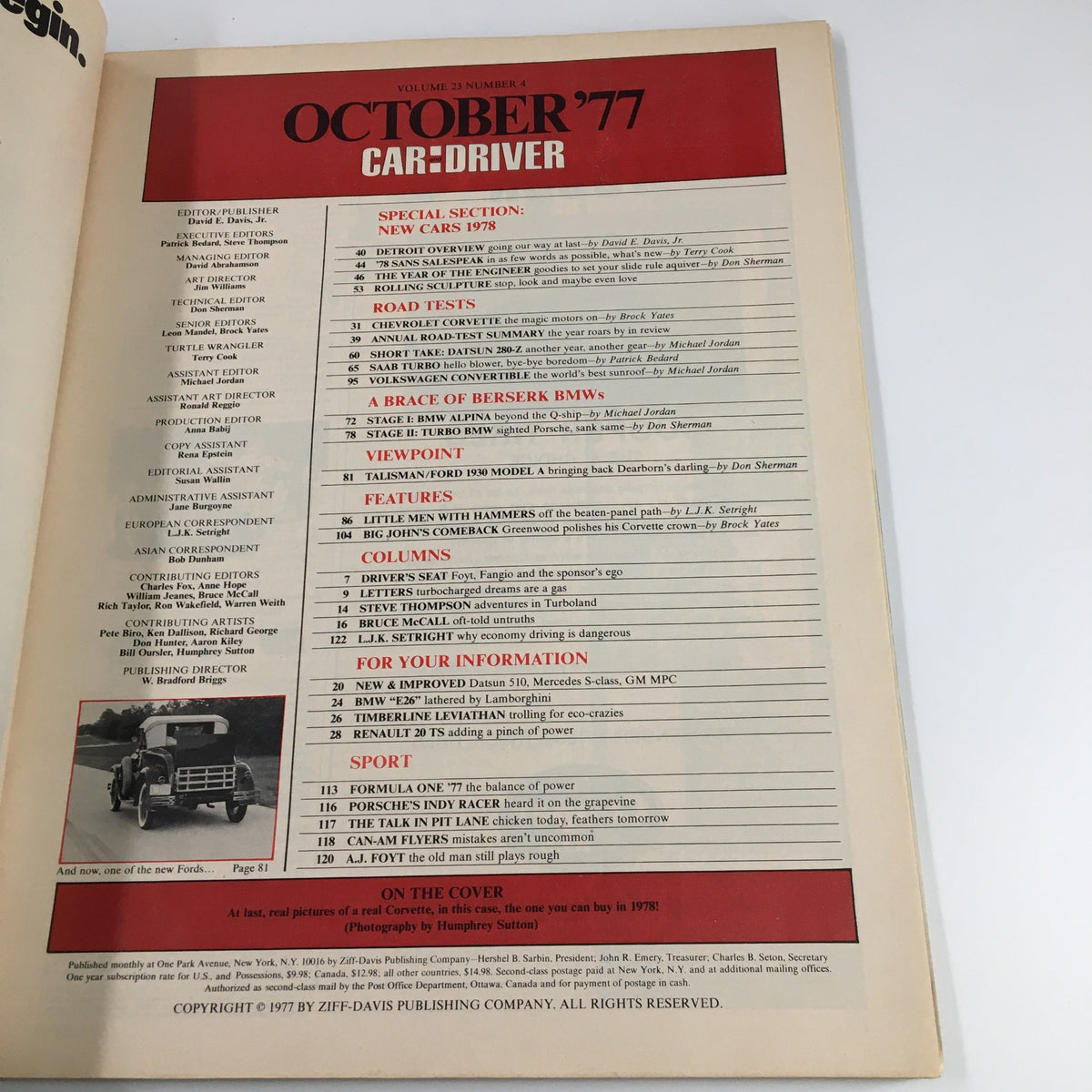 Inside page of the October 1977 Car and Driver Magazine displaying the contents, including articles about the Fastback Corvette and new models for 1978. An informative layout showcasing the magazine's features.