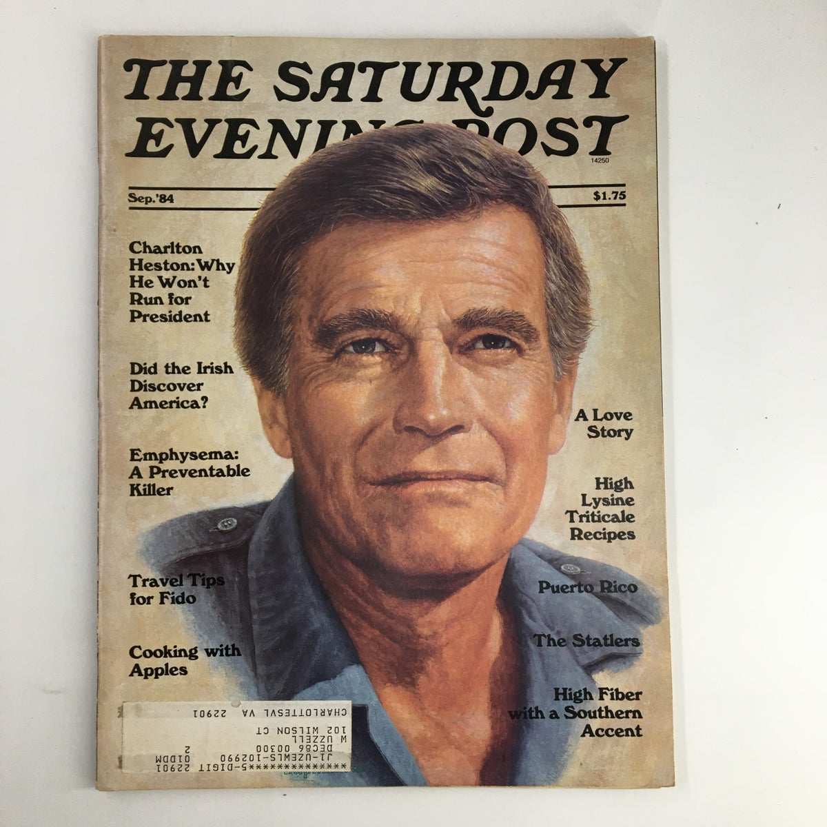 Cover of The Saturday Evening Post, September 1984, featuring Charlton Heston with the headline 'Charlton Heston: Why He Won't Run for President', capturing the essence of celebrity influence in American culture during the political landscape of the early 1980s.