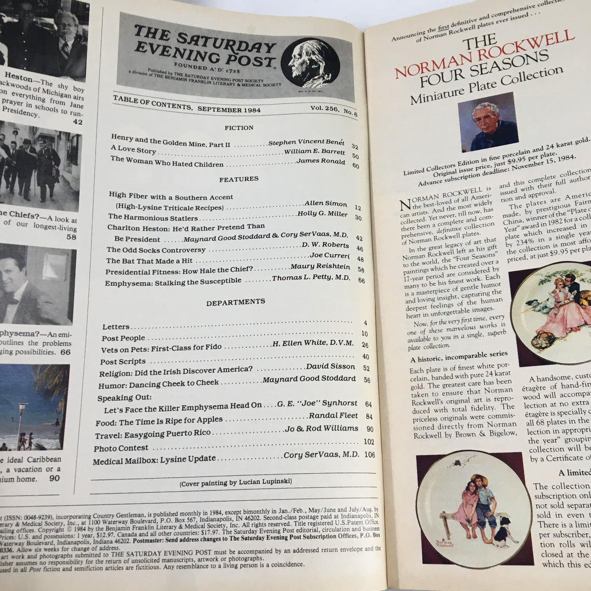 Inside view of The Saturday Evening Post September 1984 featuring table of contents and articles. Cover highlights Charlton Heston's stance on politics, noted for his decision not to run for President.