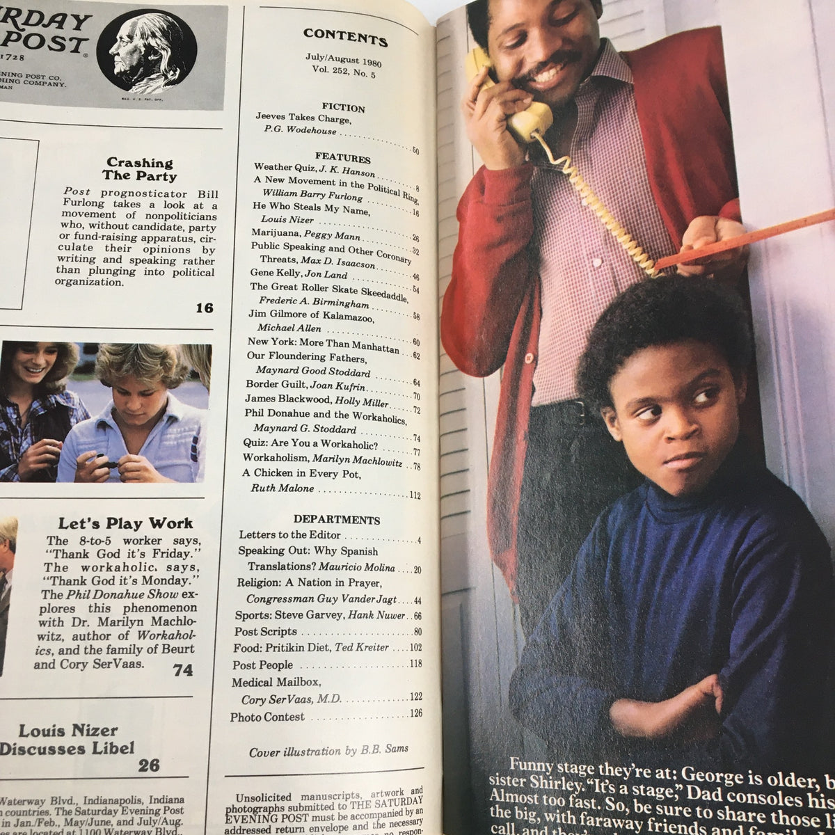 Contents page of The Saturday Evening Post August 1980 showcasing articles and features including a discussion on work culture and a conversation with Phil Donahue.