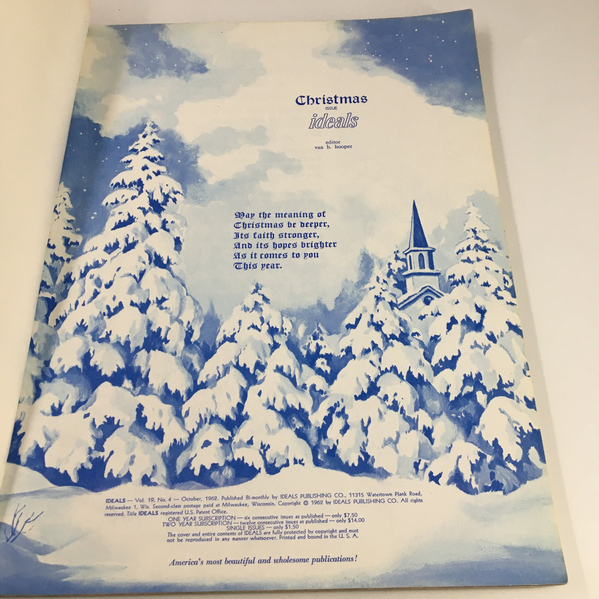 Inner page of Ideals Vol. 19 No. 4 October 1962 Christmas Issue displaying a winter scene with snow-covered trees and a church, along with a seasonal poem.