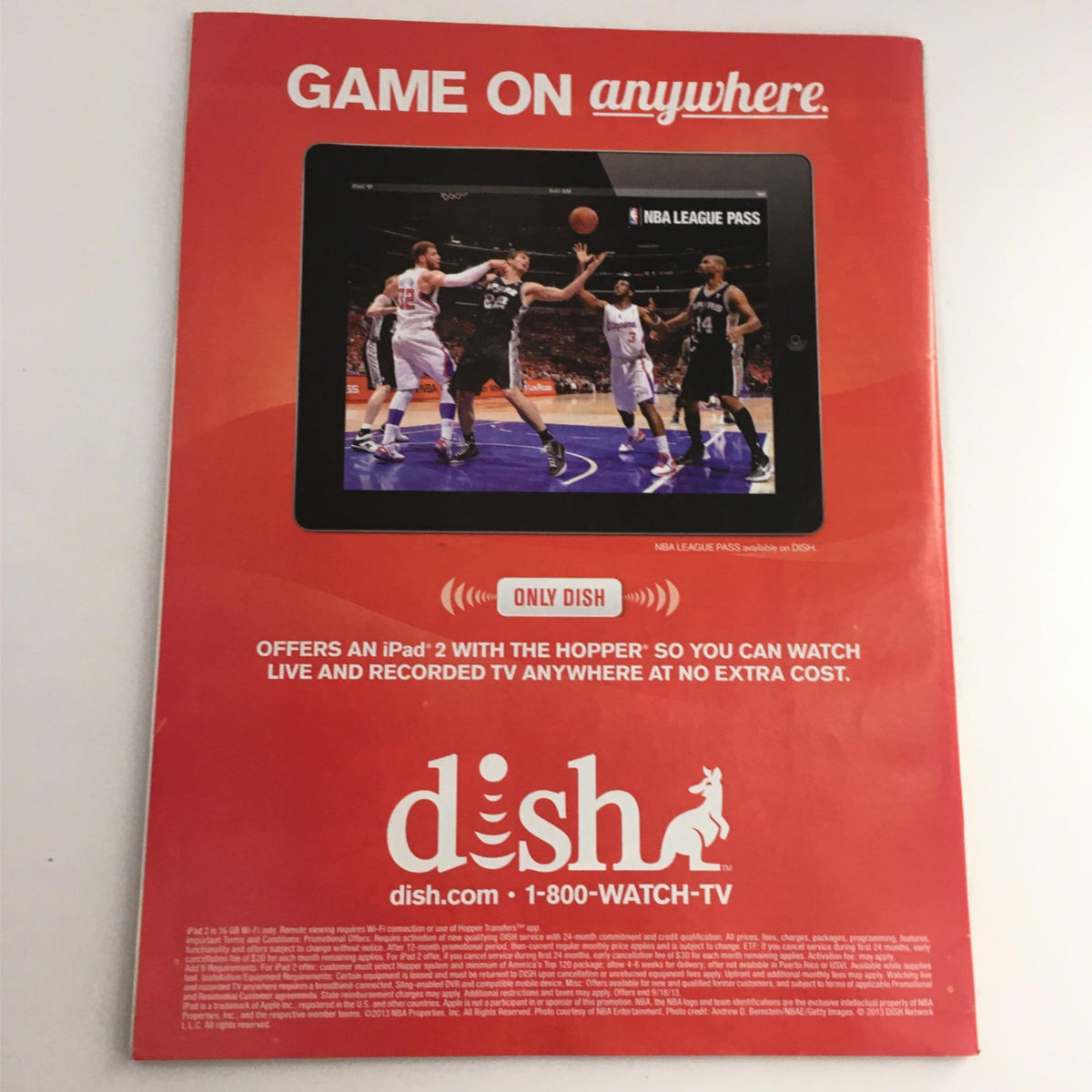 Back cover of the Sports Illustrated Magazine dated June 3, 2013, promoting the NBA League Pass and Dish TV services with an image of a basketball game on a tablet.