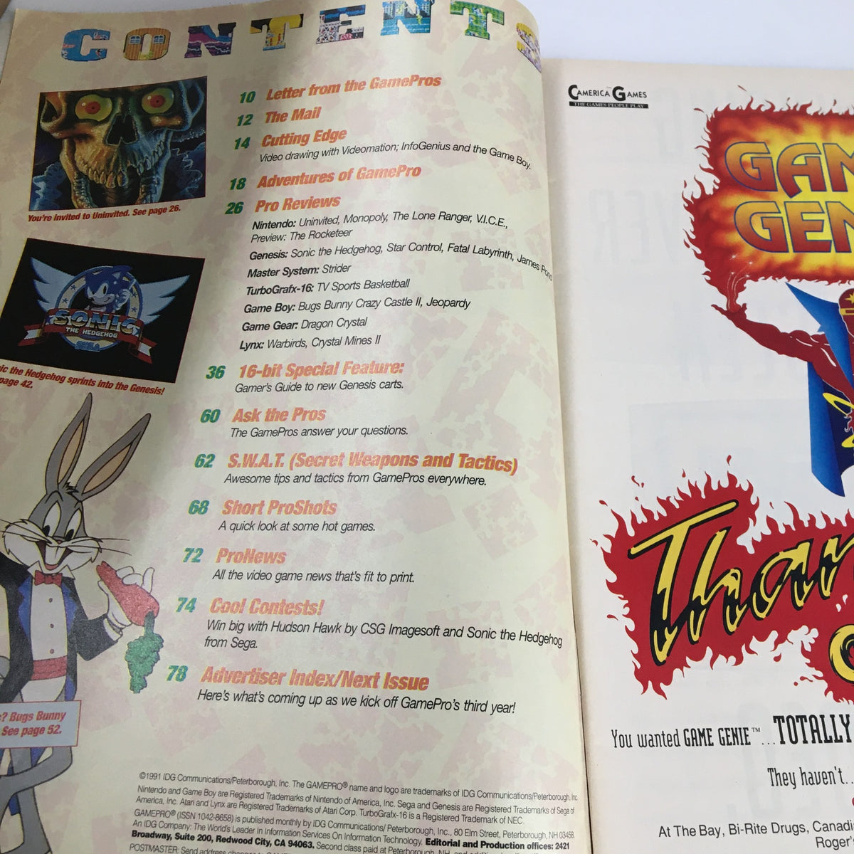 Contents page of GamePro Magazine June 1991 featuring articles on Sonic The Hedgehog and Star Control along with gaming reviews, strategies, and advertisements.