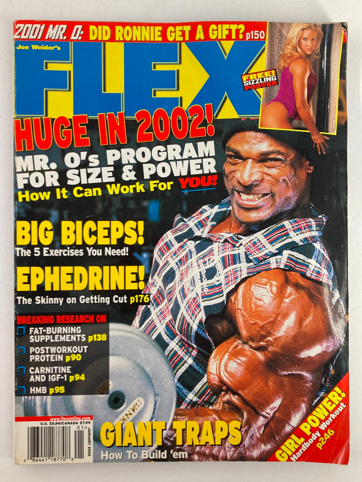 Flex Magazine January 2002 featuring Ronnie Coleman on the cover, showcasing bodybuilding tips and programs for fitness enthusiasts.