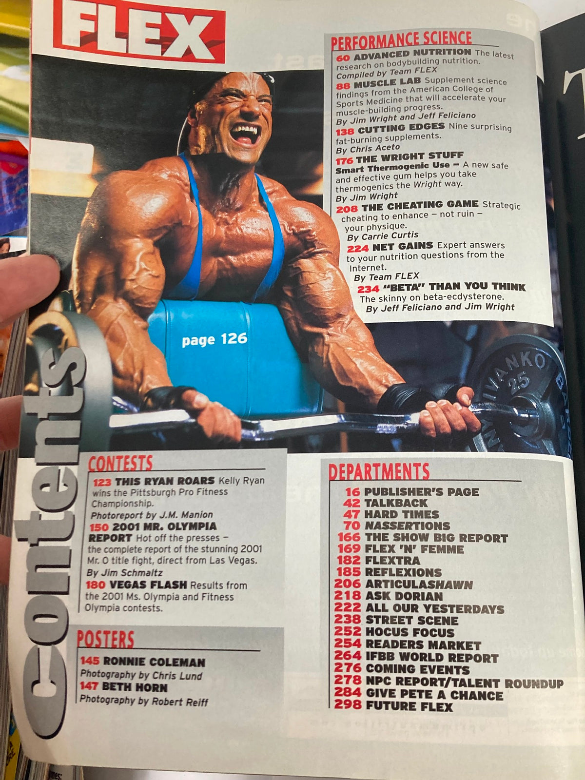 Inside page of Flex Magazine January 2002 displaying the contents, including articles and features on bodybuilding and fitness performances.