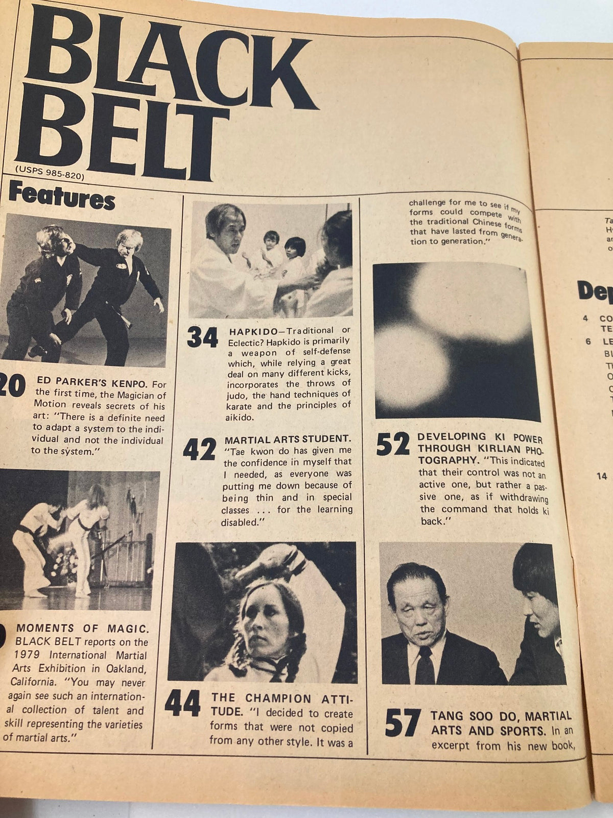 Inside page of VTG Black Belt Magazine July 1979 Vol 17 #7 showing featured articles, including Ed Parker's Kenpo and various martial arts topics.