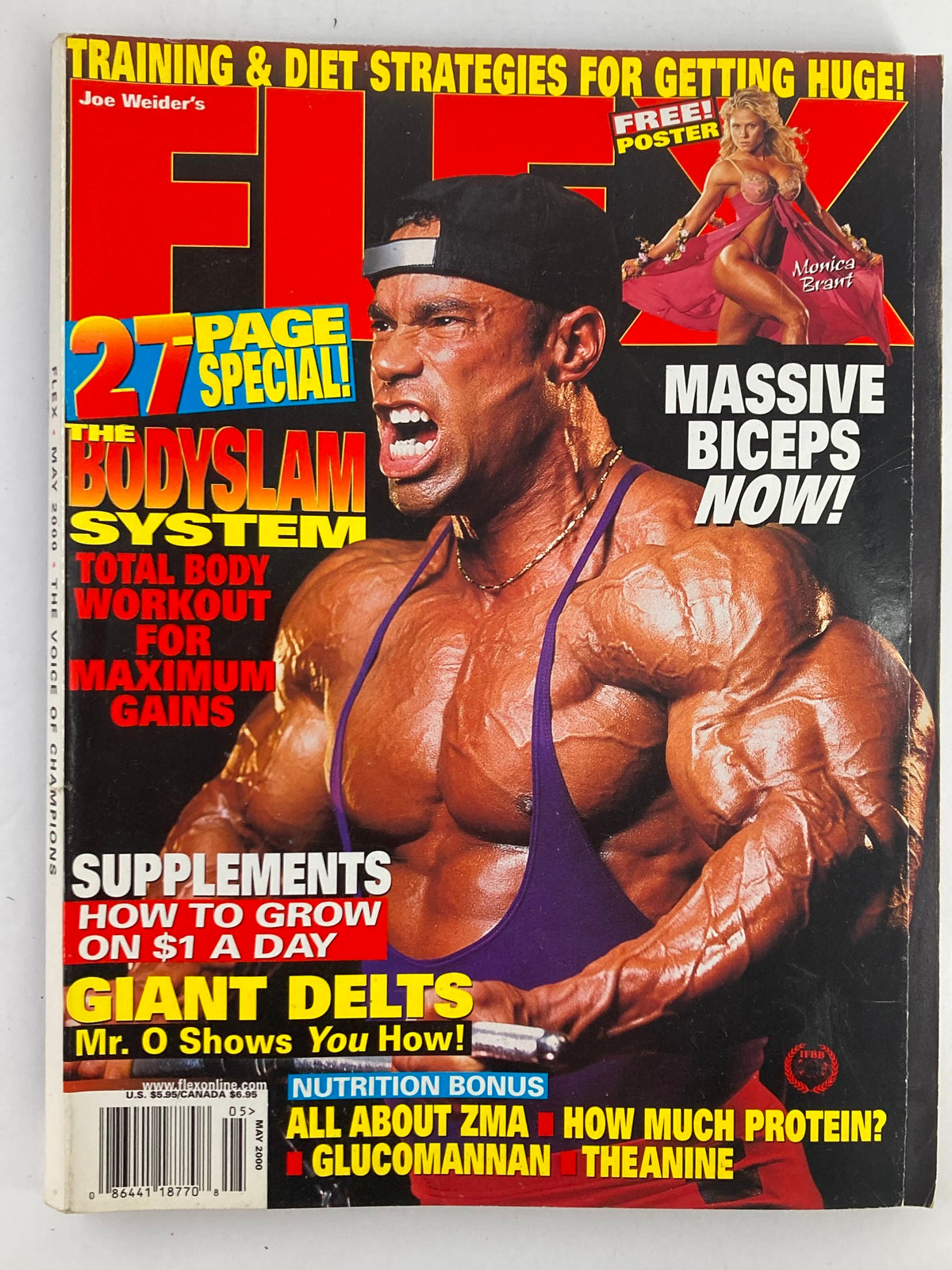 Cover of Flex Magazine May 2000 featuring The Bodyslam System and Monica Brant, showcasing bodybuilding tips, workout advice, and a prominently displayed muscular man with massive biceps, along with a free poster offer.