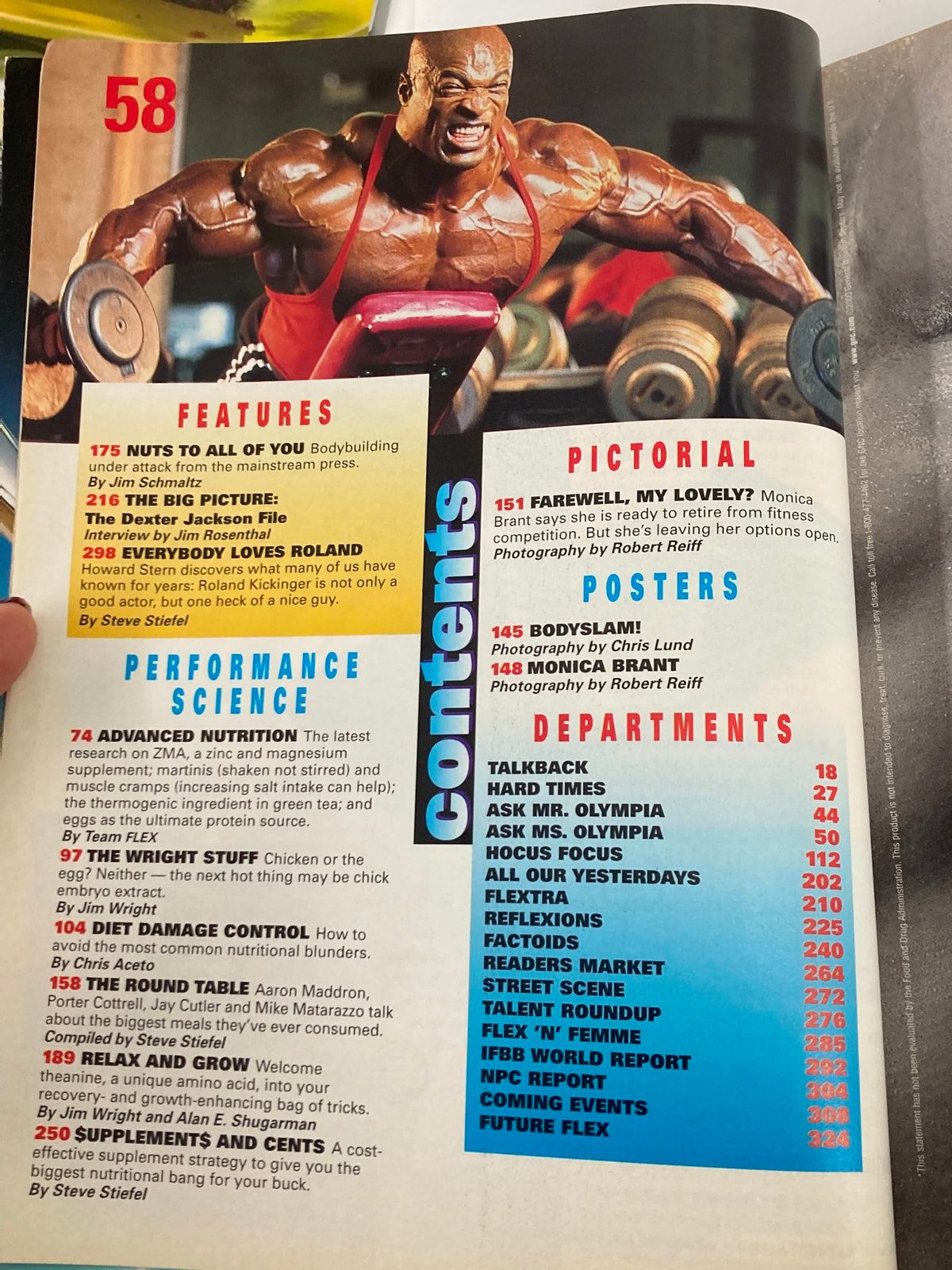Table of contents from Flex Magazine May 2000 featuring The Bodyslam System & Monica Brant, highlighting articles on bodybuilding and fitness, with colorful visuals.