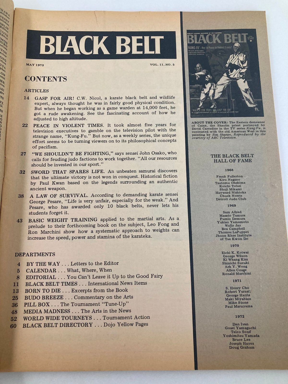 Inside page of the VTG Black Belt Magazine May 1973 titled 'Walk A Few Steps and Gasp For Air', featuring contents and articles on martial arts.
