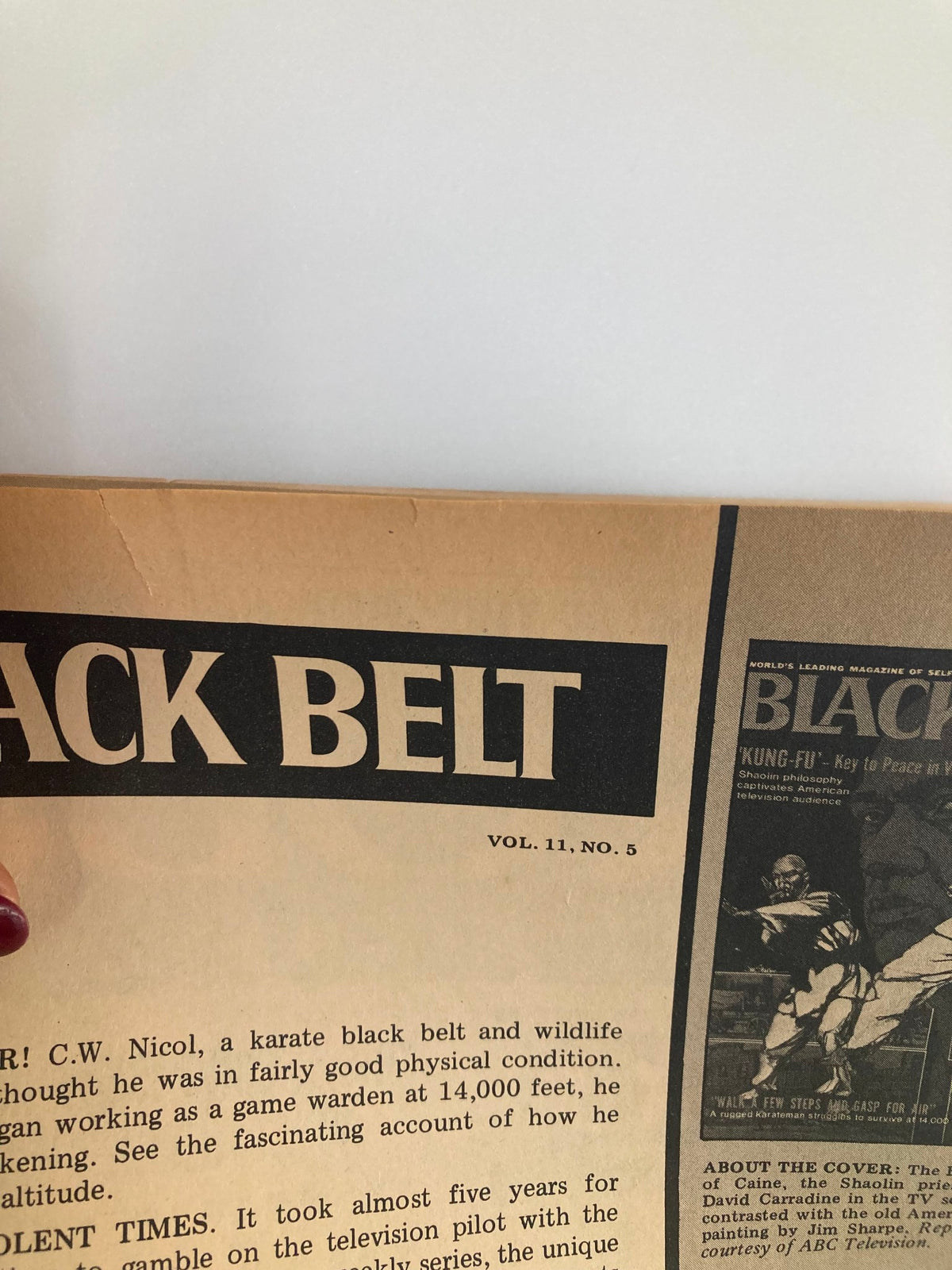 Close-up view of the VTG Black Belt Magazine May 1973 titled 'Walk A Few Steps and Gasp For Air', showing an article section about martial arts history.