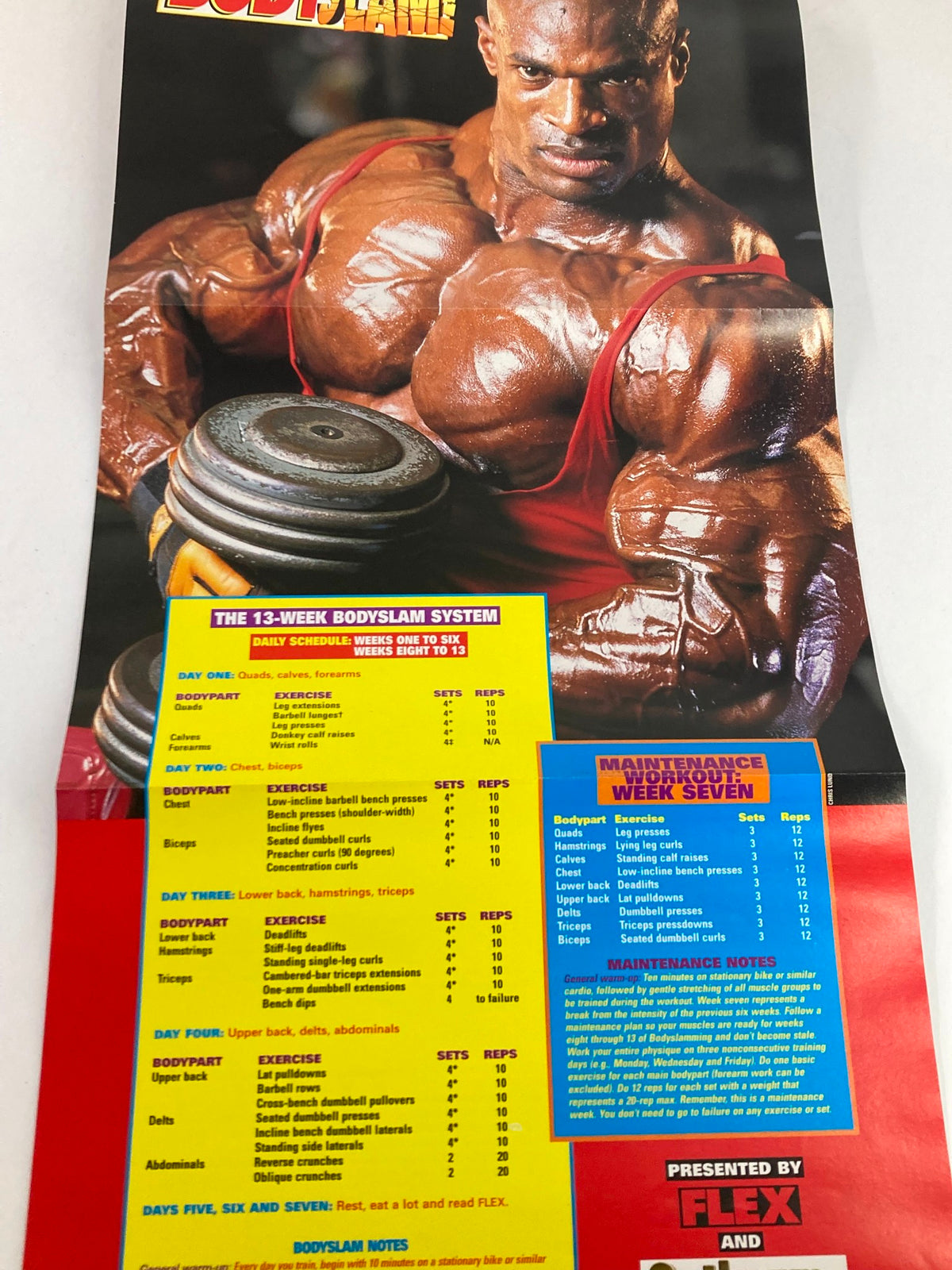 Poster from Flex Magazine May 2000 detailing The 13-Week Bodyslam System workout plan, featuring exercises and schedules, associated with Monica Brant.