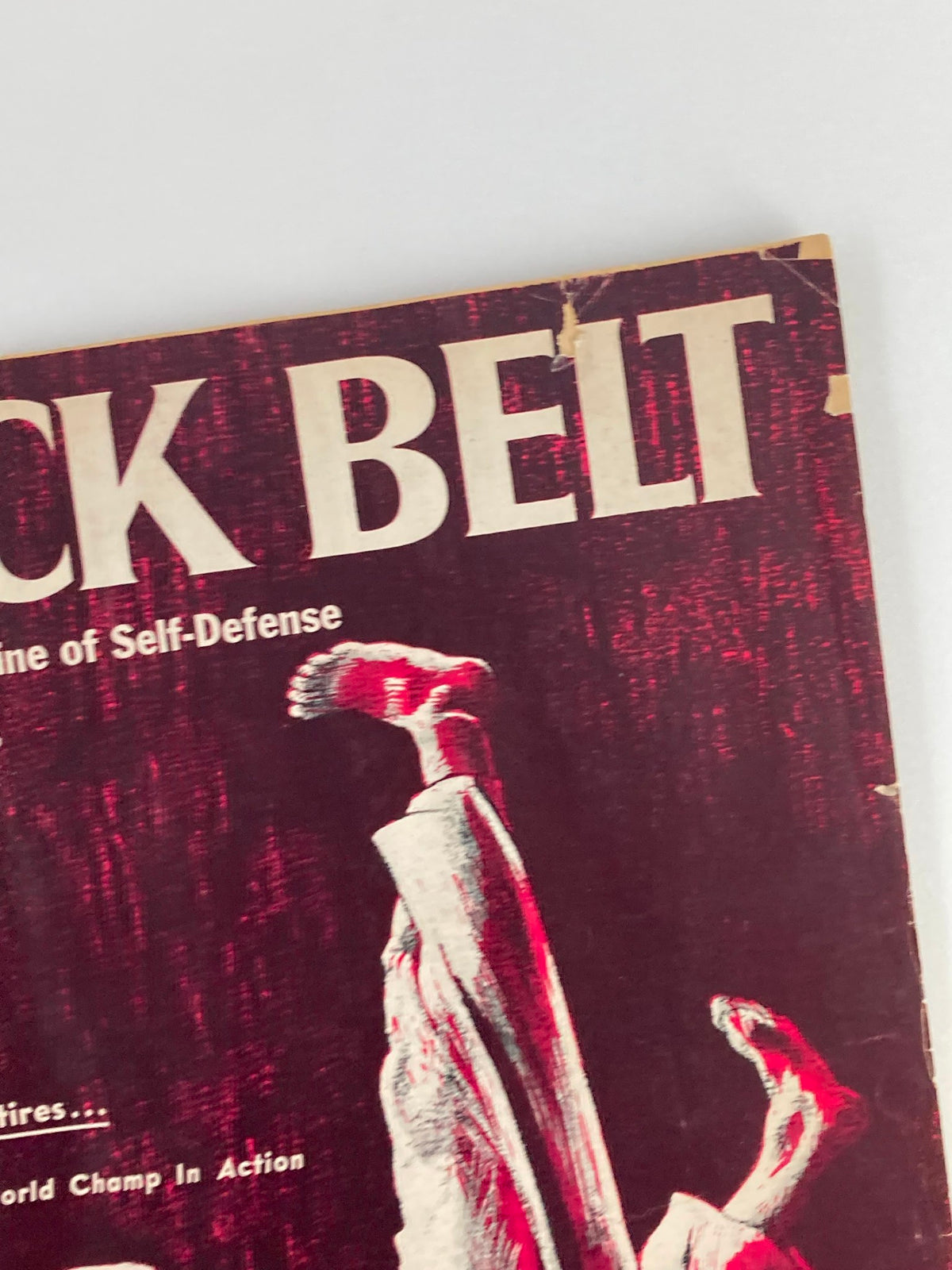 Close-up of the cover of VTG Black Belt Magazine February 1966 Vol 4 #2 showcasing martial artist Rodolfo Peres in action. Highlights the magazine's focus on self-defense.