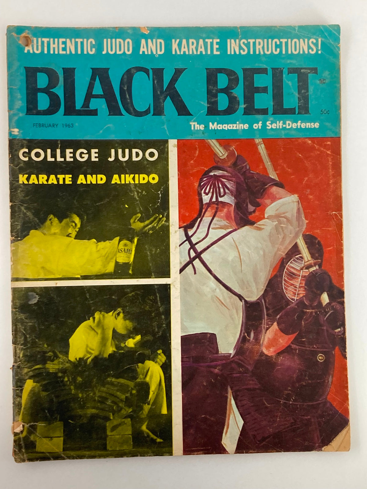 Cover of VTG Black Belt Magazine February 1963 featuring articles on College Judo, Karate, and Aikido, showcasing martial arts illustrations and vintage aesthetic.