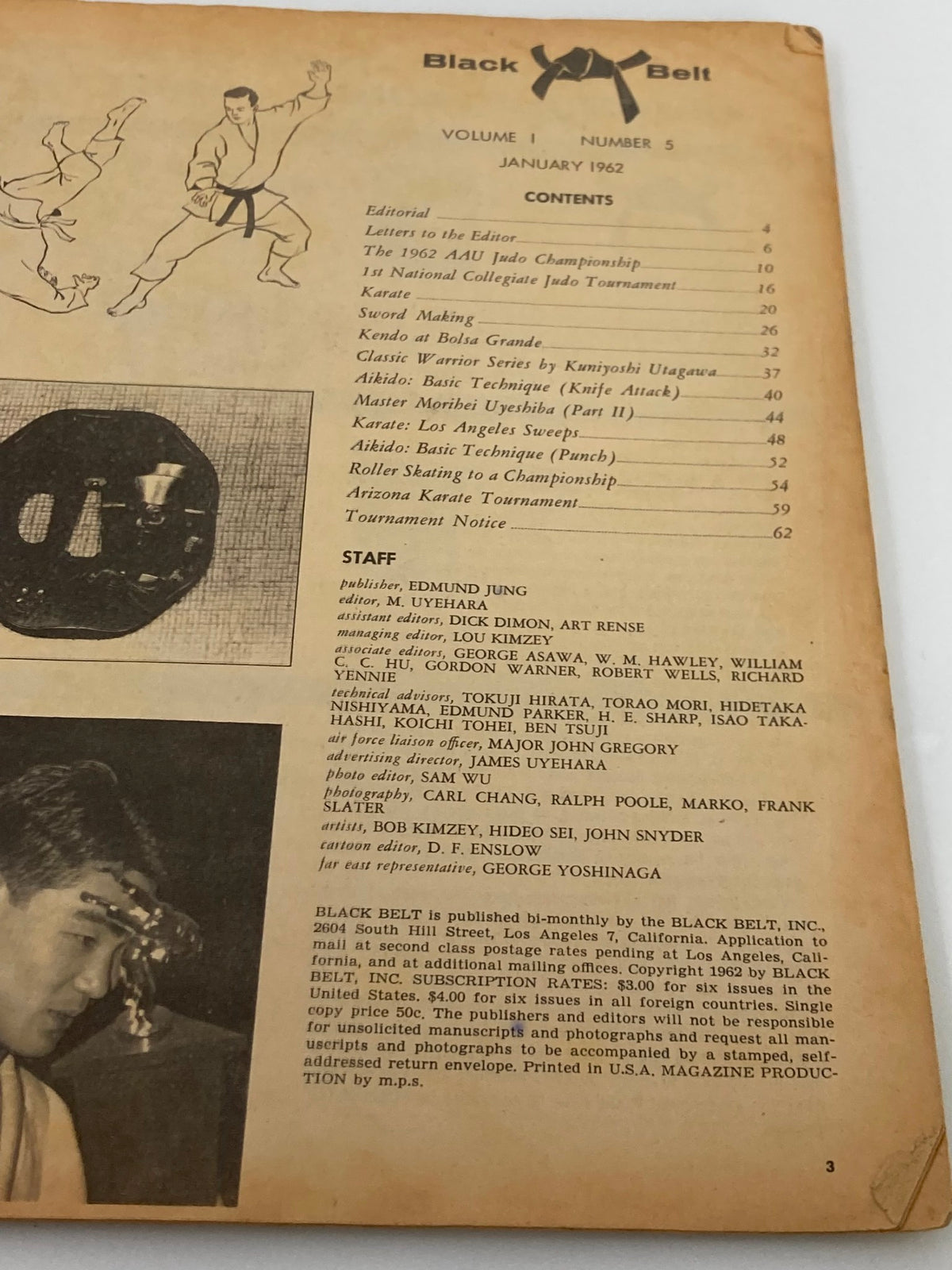 Contents page of VTG Black Belt Magazine February 1963, displaying article titles and staff credits, important for vintage martial arts literature collectors.