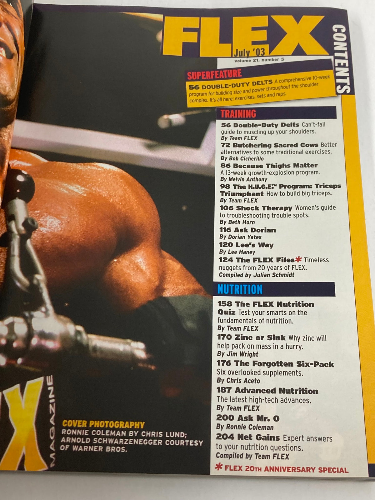 Flex Magazine July 2003 Vol 21 #5 contents page featuring articles on bodybuilding training and nutrition with Ronnie Coleman cover photo.