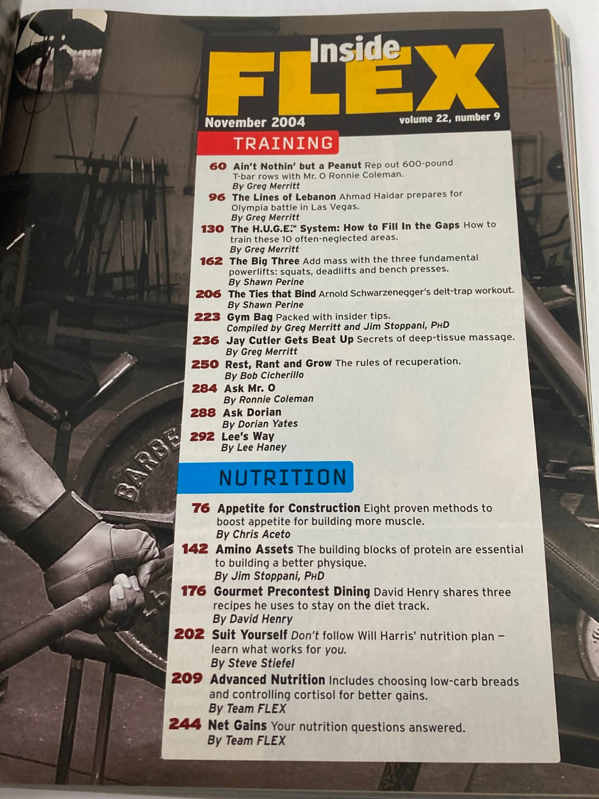 Inside page of Flex Magazine November 2004, Volume 22, Issue 9, outlining training and nutrition articles for fitness enthusiasts.
