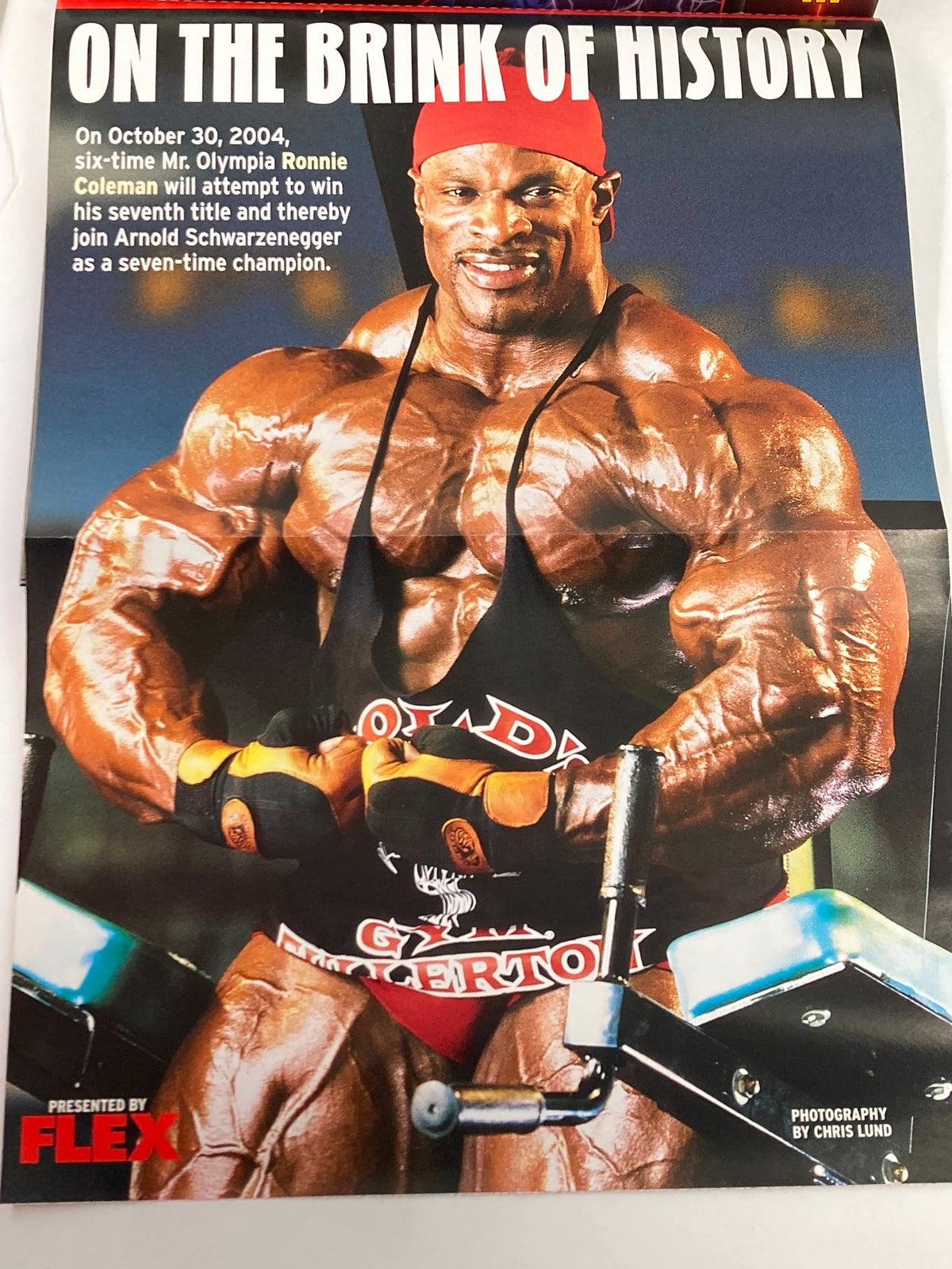 Poster included in Flex Magazine November 2004, depicting Ronnie Coleman, six-time Mr. Olympia, highlighting his pursuit of a seventh title.