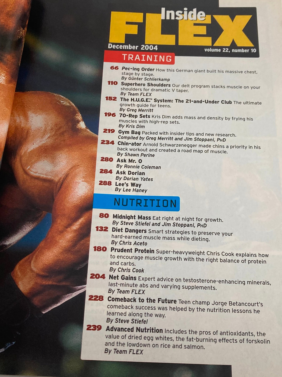 Table of contents from Flex Magazine December 2004 Vol 22 #10 detailing sections on training and nutrition, showcasing insights into bodybuilding and fitness strategies.