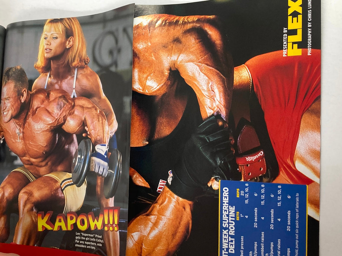 Flex Magazine December 2004, Vol 22 #10 featuring a dynamic bodybuilding scene with a male bodybuilder lifting weights alongside a female athlete, showcasing the vibrant fitness culture of the early 2000s.