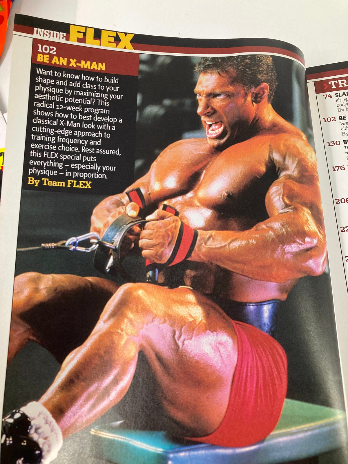 Interior page from Flex Magazine September 2005, illustrating a muscular bodybuilder performing a workout with a focus on physique development and training techniques.