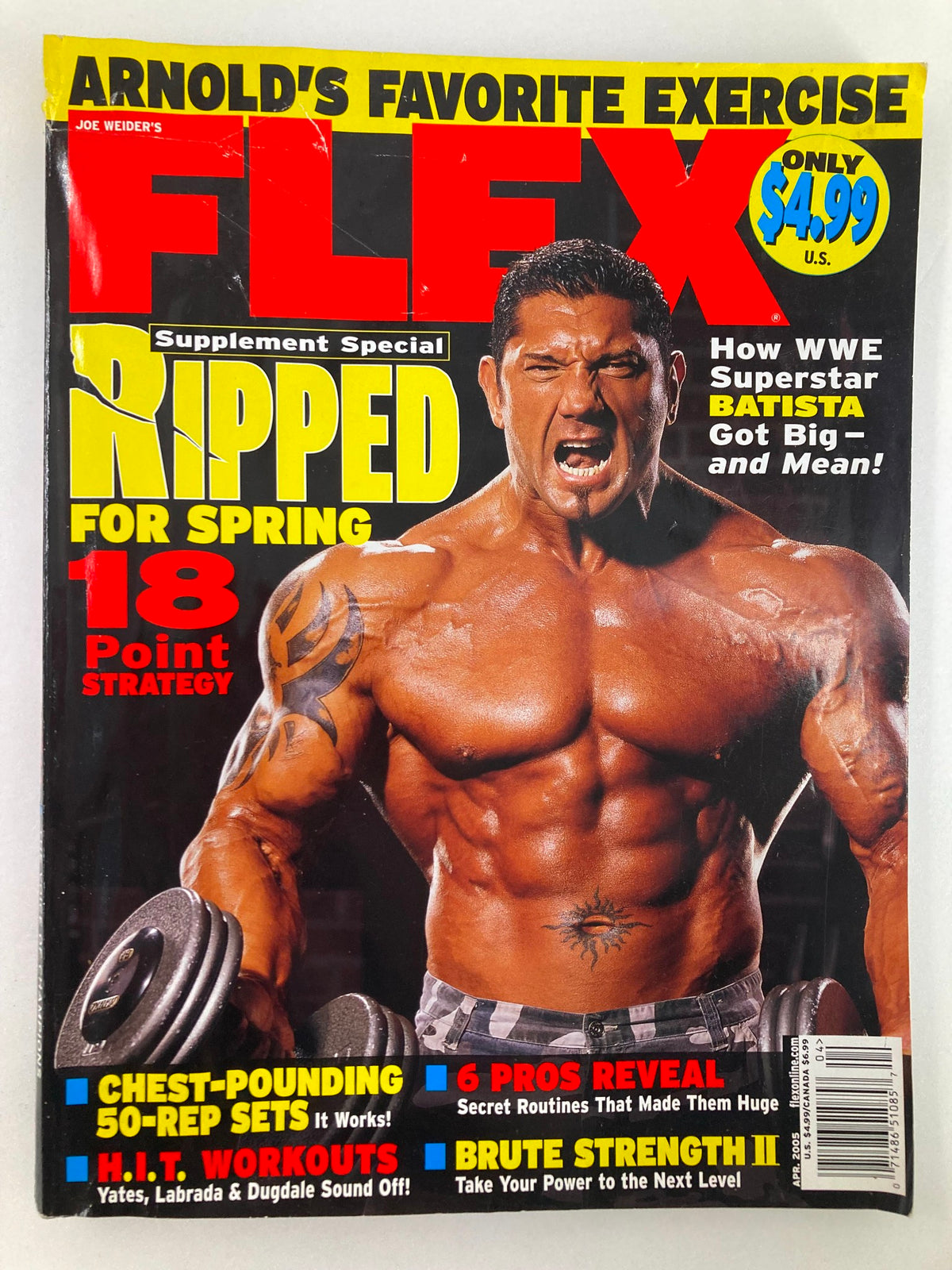 Flex Magazine April 2005 Vol 23 #2 featuring WWE Superstar Dave Batista on the cover, showcasing fitness insights and bodybuilding strategies with the headline 'Ripped for Spring'.