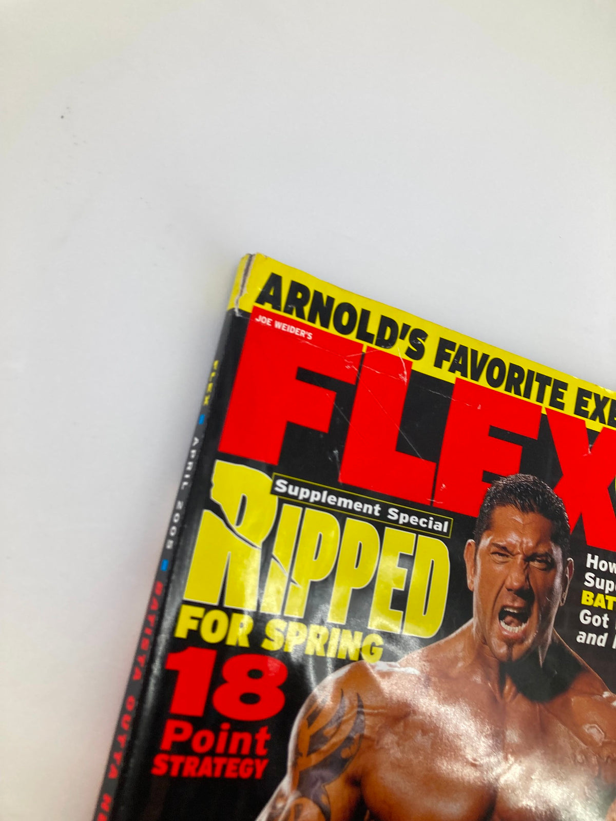Cover of Flex Magazine April 2005 Vol 23 #2 featuring WWE Superstar Dave Batista with the headline 'Ripped for Spring' and fitness-related graphics.