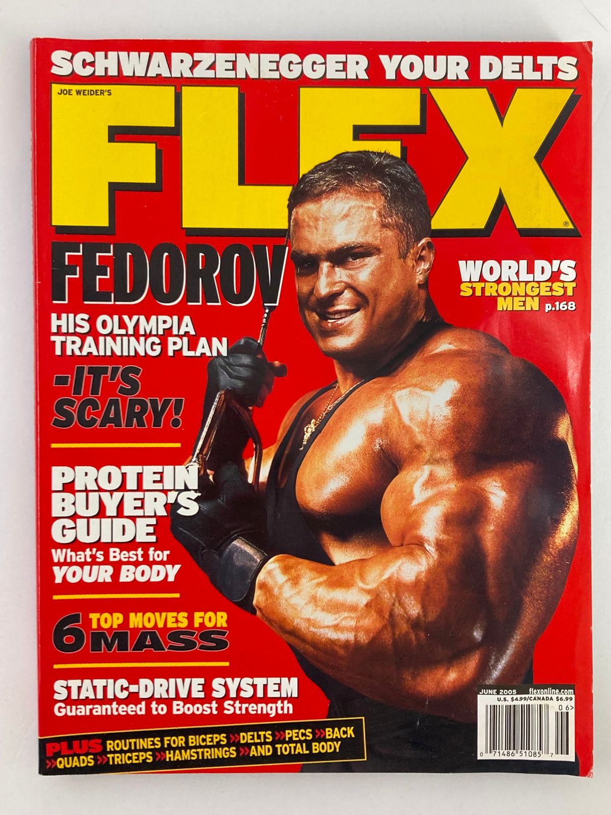 Flex Magazine June 2005 Vol 23 #4 featuring Alex Fedorov on the cover, showcasing his Olympia training plan and highlighting the world's strongest men.