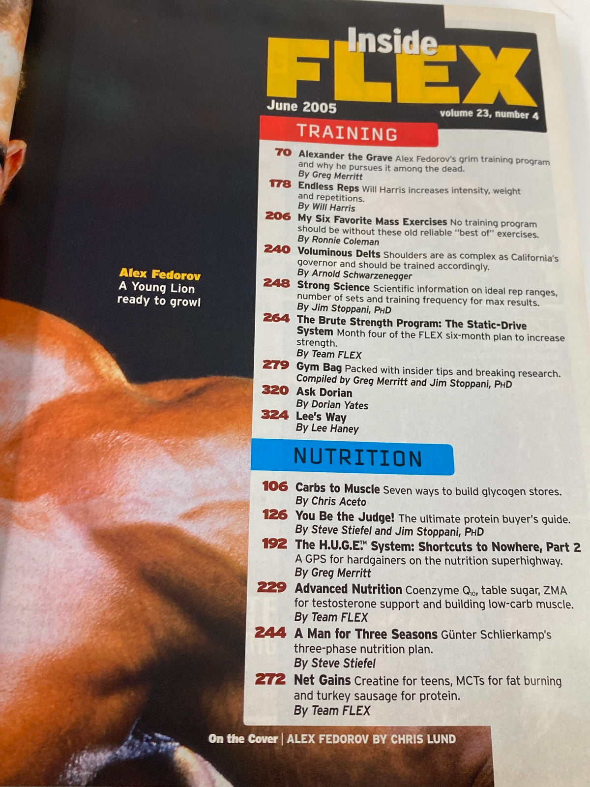 Inside Flex Magazine June 2005 Vol 23 #4, detailing training and nutrition tips, with focus on Alex Fedorov's insights and content layout.