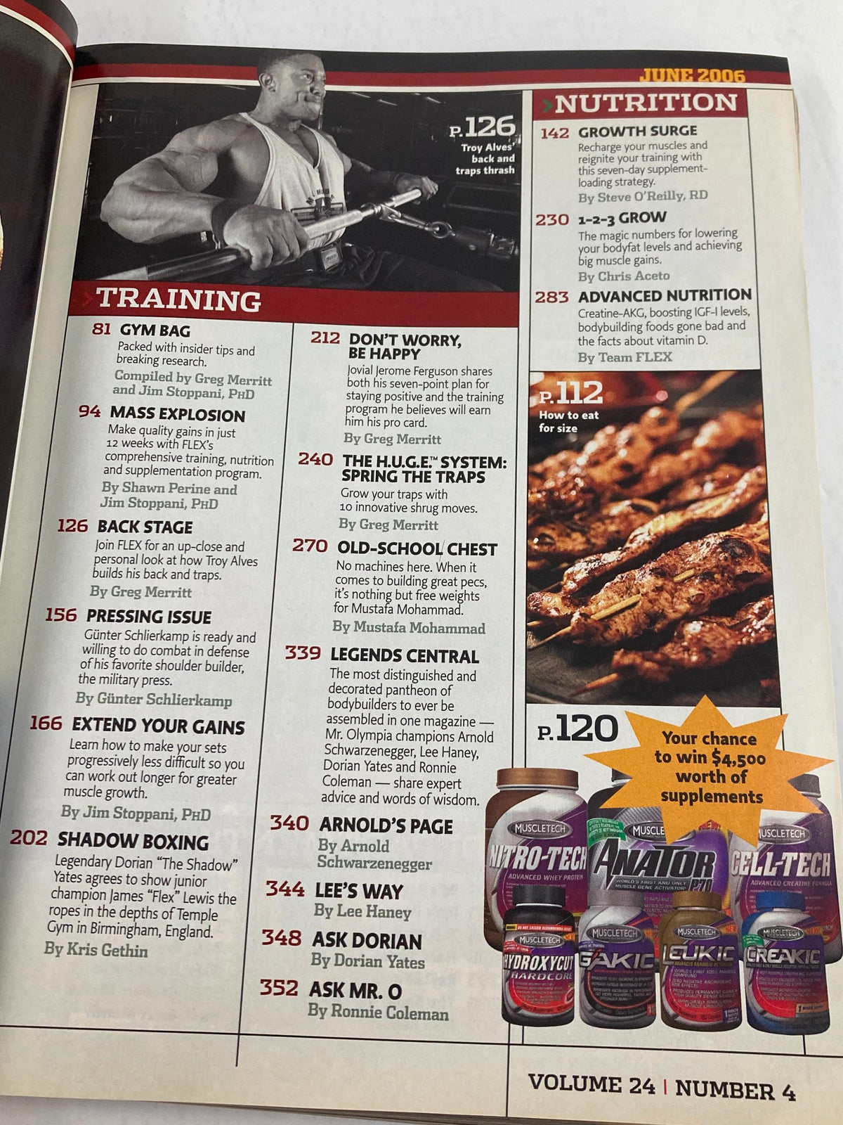 Table of contents from Flex Magazine June 2006 Vol 24 #4, detailing articles on training, nutrition, and fitness tips.