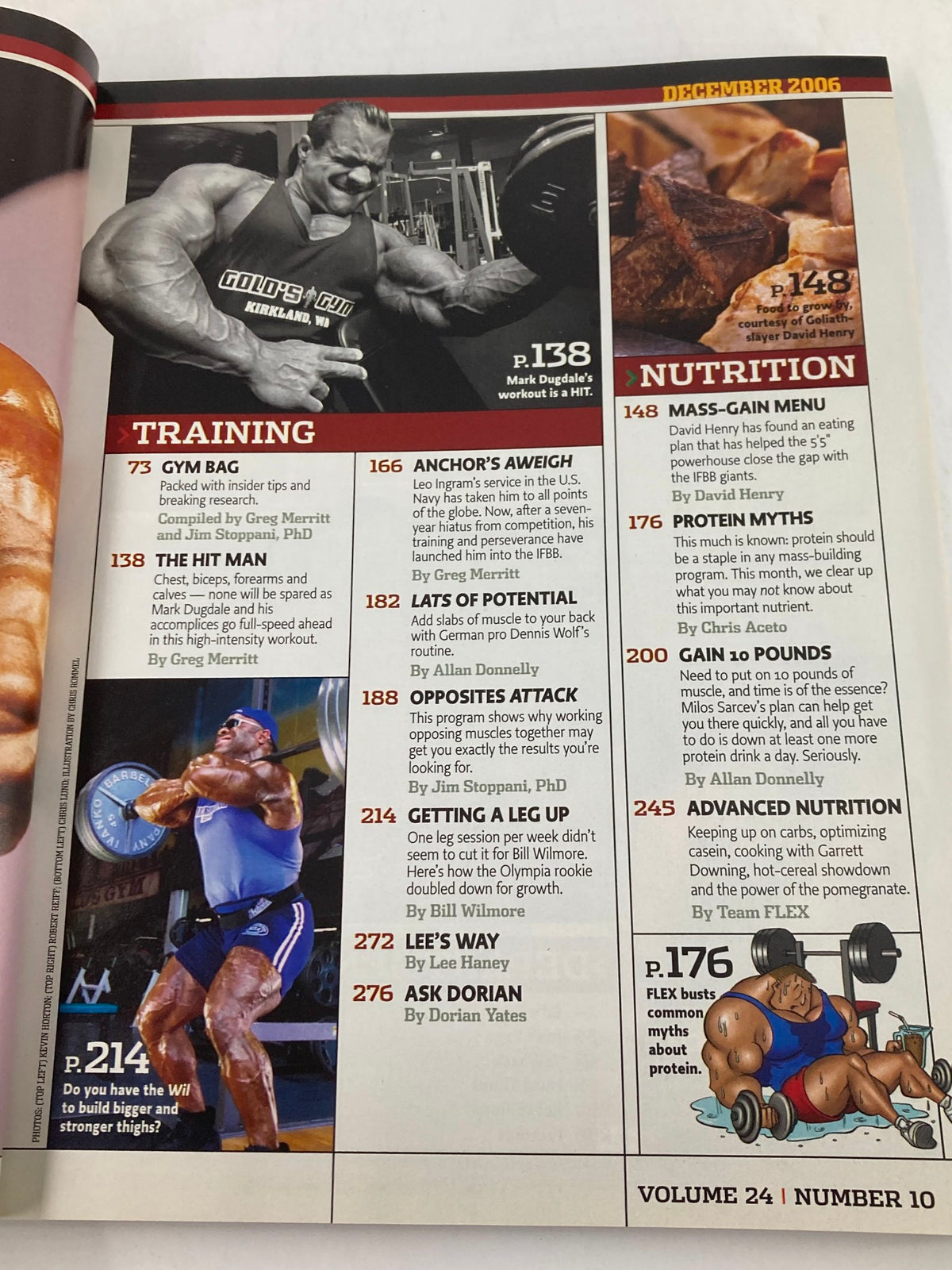 Interior page of Flex Magazine December 2006 Vol 24 #10 detailing training and nutrition sections, including workouts, exercises, and diet tips for bodybuilders.