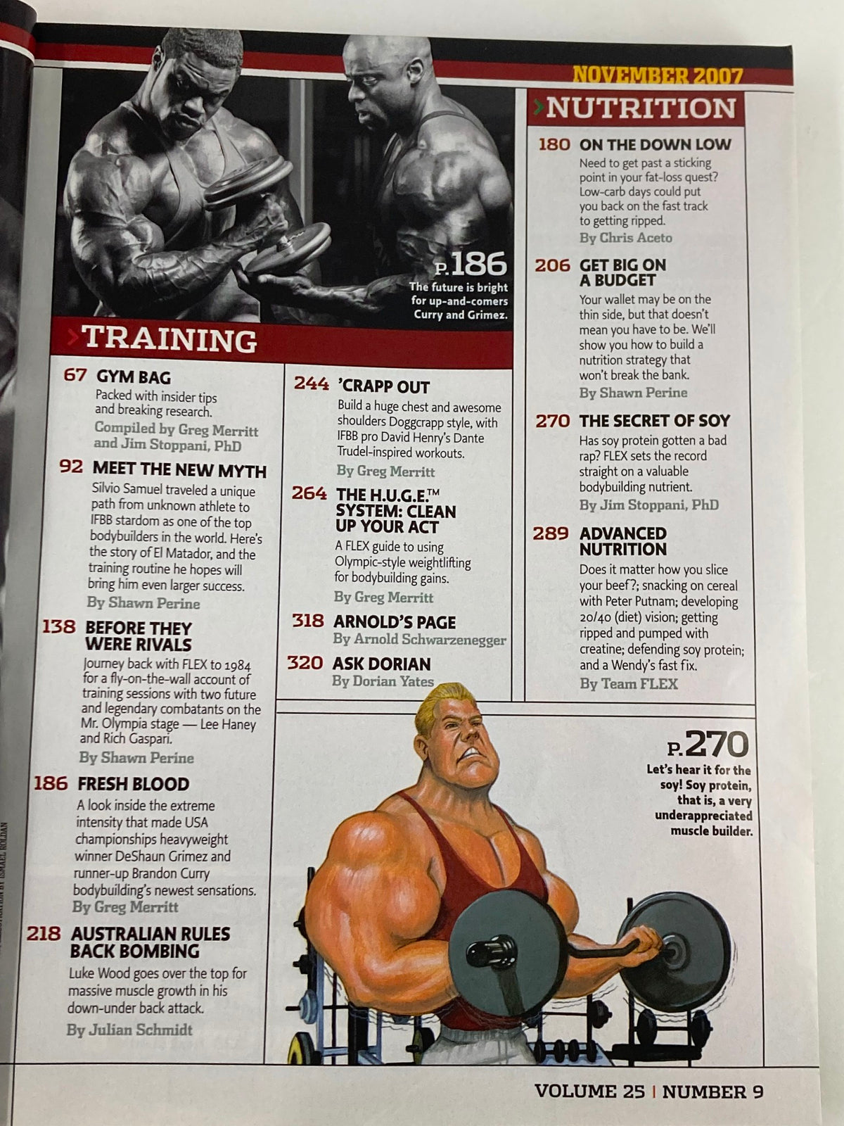 Interior page of Flex Magazine November 2007 Vol 25 #9 displaying articles related to training and nutrition, including 'Get Big' and 'Crap Out'.