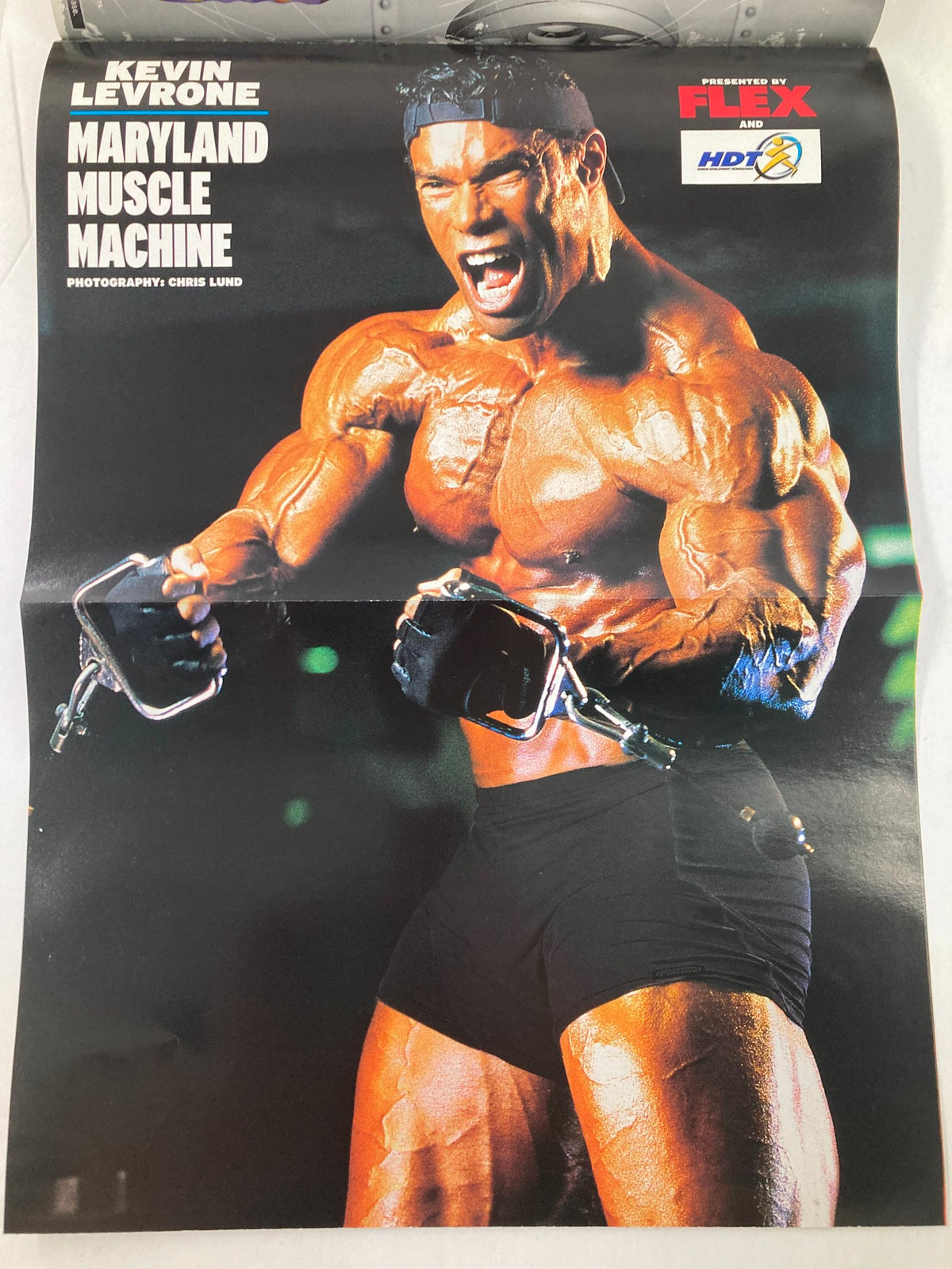 Promotional poster of Kevin Levrone from Flex Magazine September 2002, showcasing his muscular physique and strength as the 'Maryland Muscle Machine'.