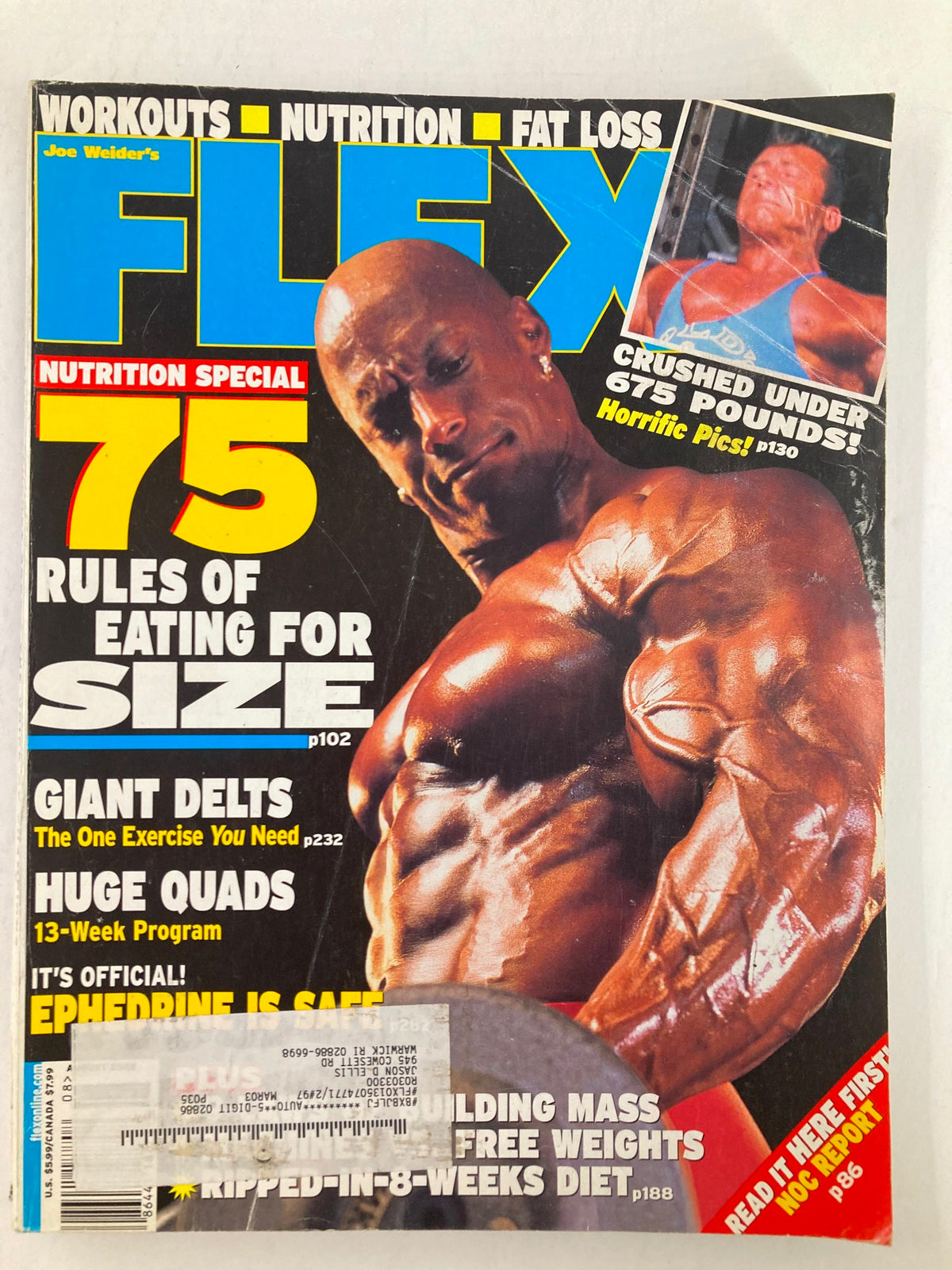 Cover of Flex Magazine August 2002 featuring bodybuilder Markus Ruhl, highlighting nutrition tips and fitness trends.