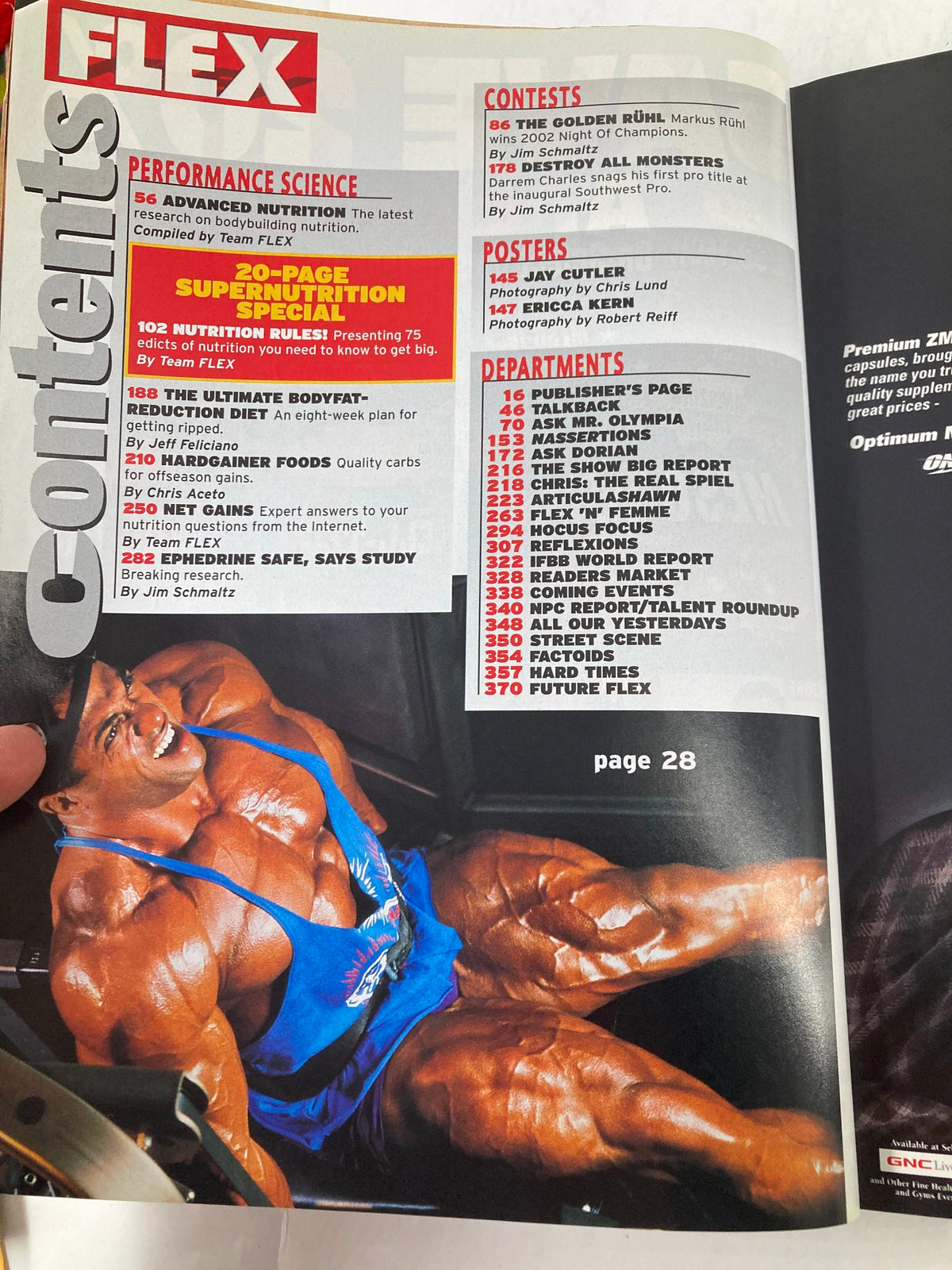 Contents page of Flex Magazine August 2002 showcasing articles on bodybuilding techniques and nutrition advice.