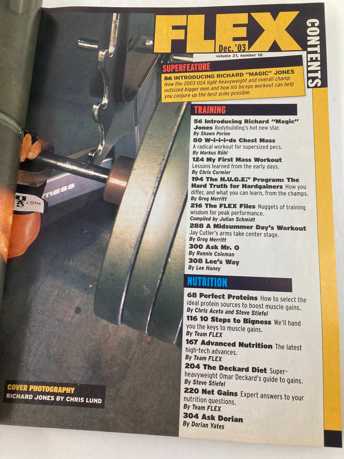 Contents page of Flex Magazine December 2003, including articles on training, nutrition, and featuring Richard Jones.