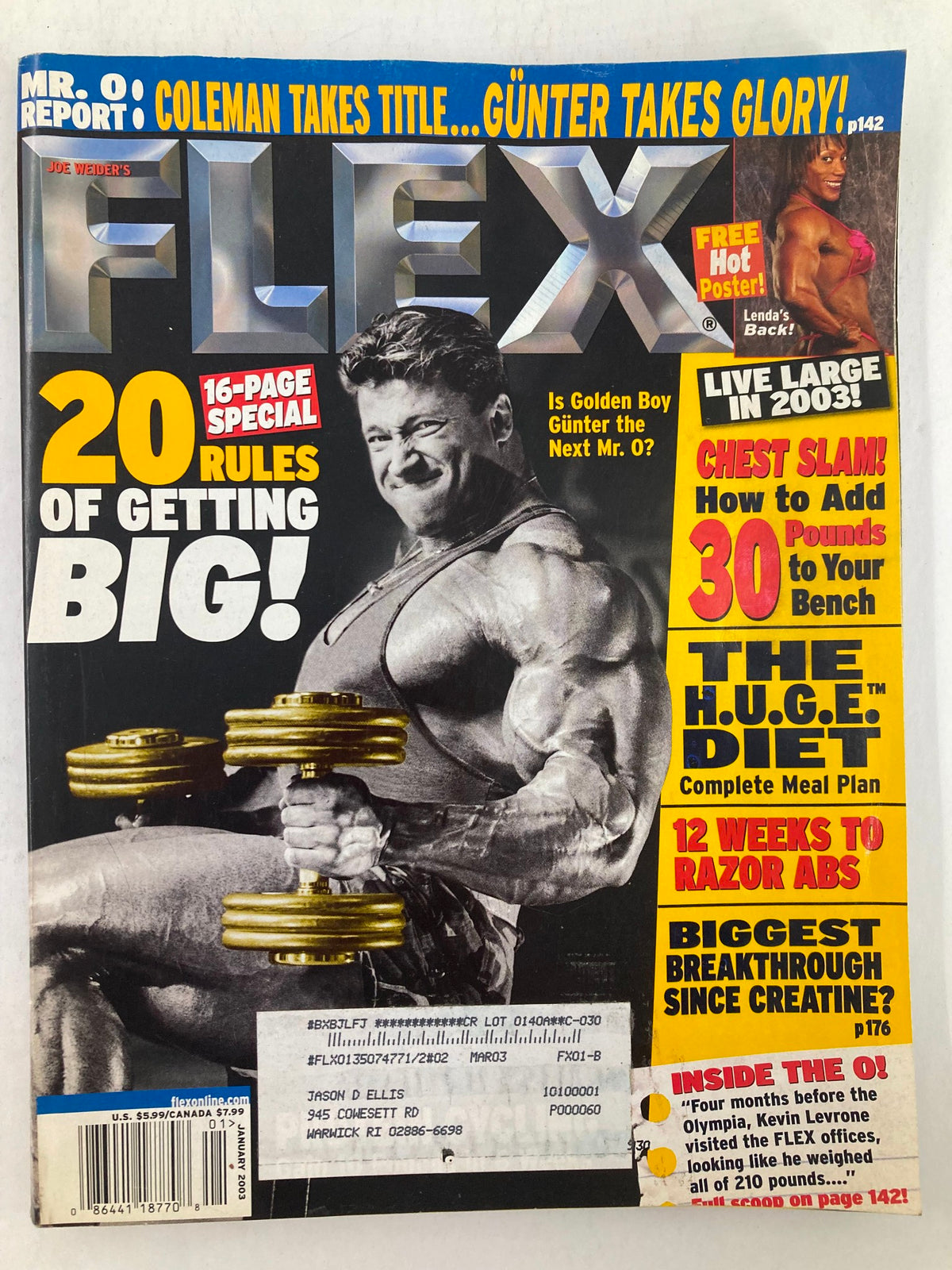 Flex Magazine January 2003 Vol 20 #11 featuring bodybuilder Günter Schlierkamp on the cover, showcasing fitness culture and bodybuilding trends.