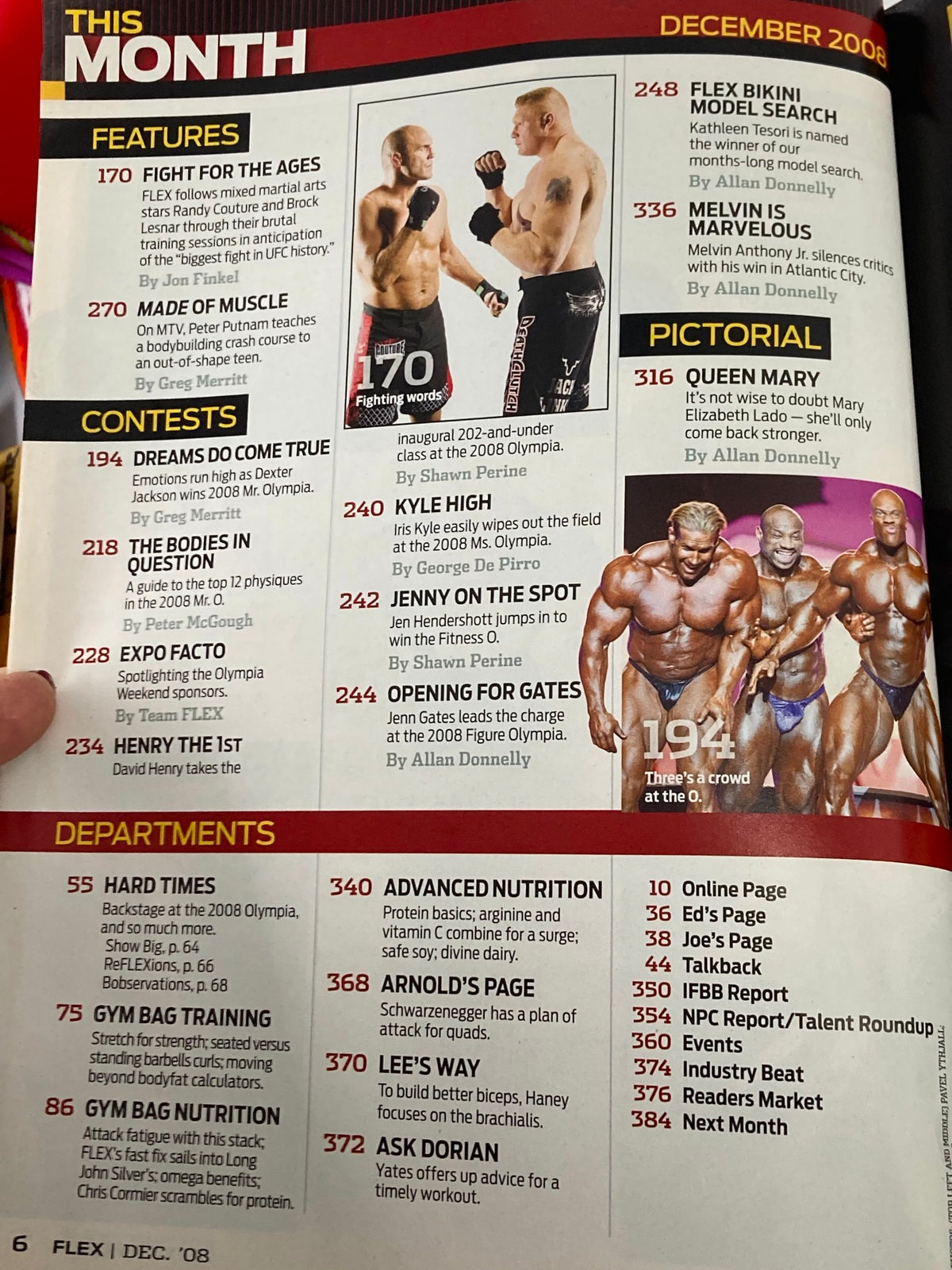 December 2008 Flex Magazine Table of Contents featuring MMA fighters Randy Couture and Brock Lesnar, listing key articles and sections related to fitness, competitions, and sports insights.