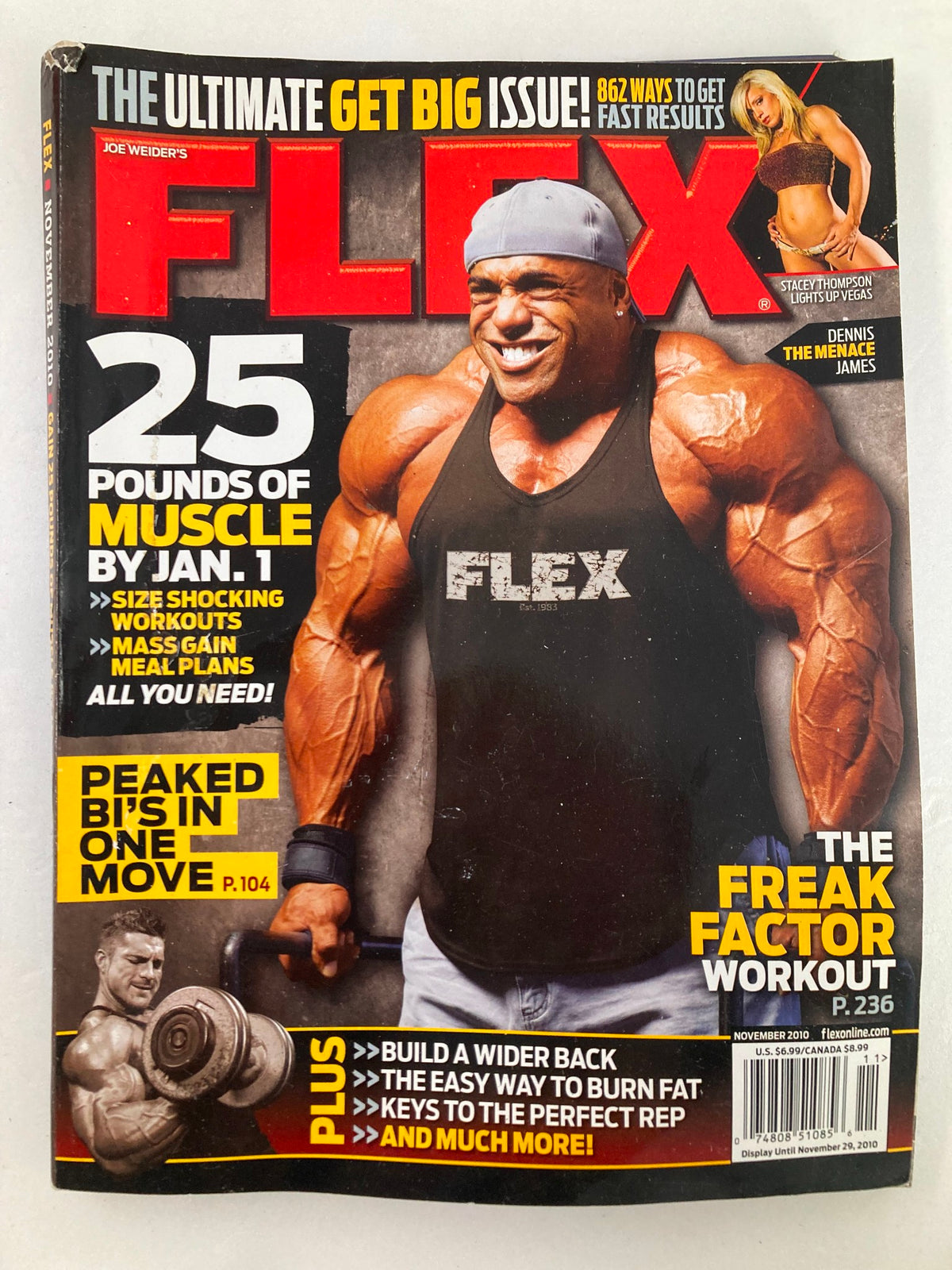 Cover of Flex Magazine November 2010, Vol 28 #9 featuring Dennis James showcasing 25 pounds of muscle development with workout tips and features.