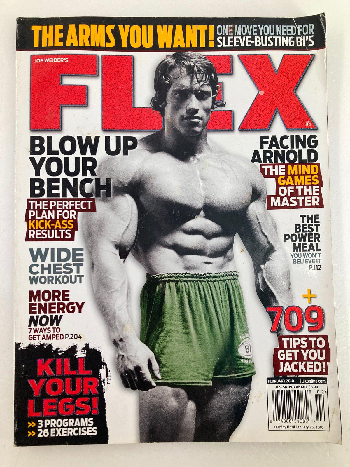 Flex Magazine February 2010 cover featuring Arnold Schwarzenegger as a bodybuilding icon, showcasing strong physique and fitness culture in the early 2010s.