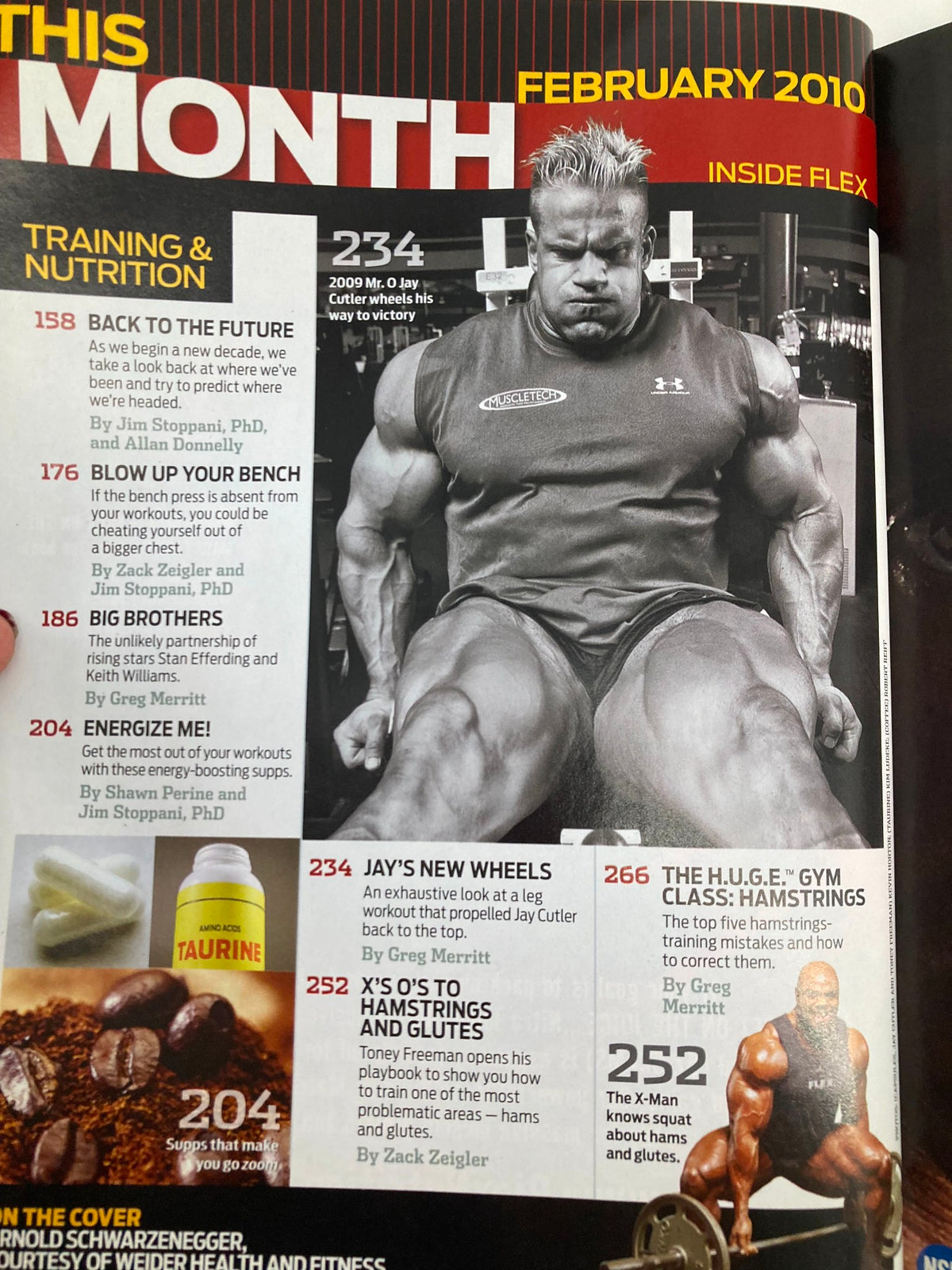 Interior page of Flex Magazine February 2010, highlighting articles on training and nutrition, including a feature on Jay Cutler's techniques and insights into bodybuilding.