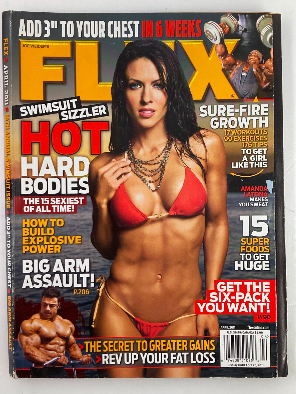 Flex Magazine April 2011 featuring Amanda Latona on the cover in a red bikini, highlighting fitness, bodybuilding, and workout tips, alongside a muscular male model, showcasing the vibrant fitness culture of the early 2010s.